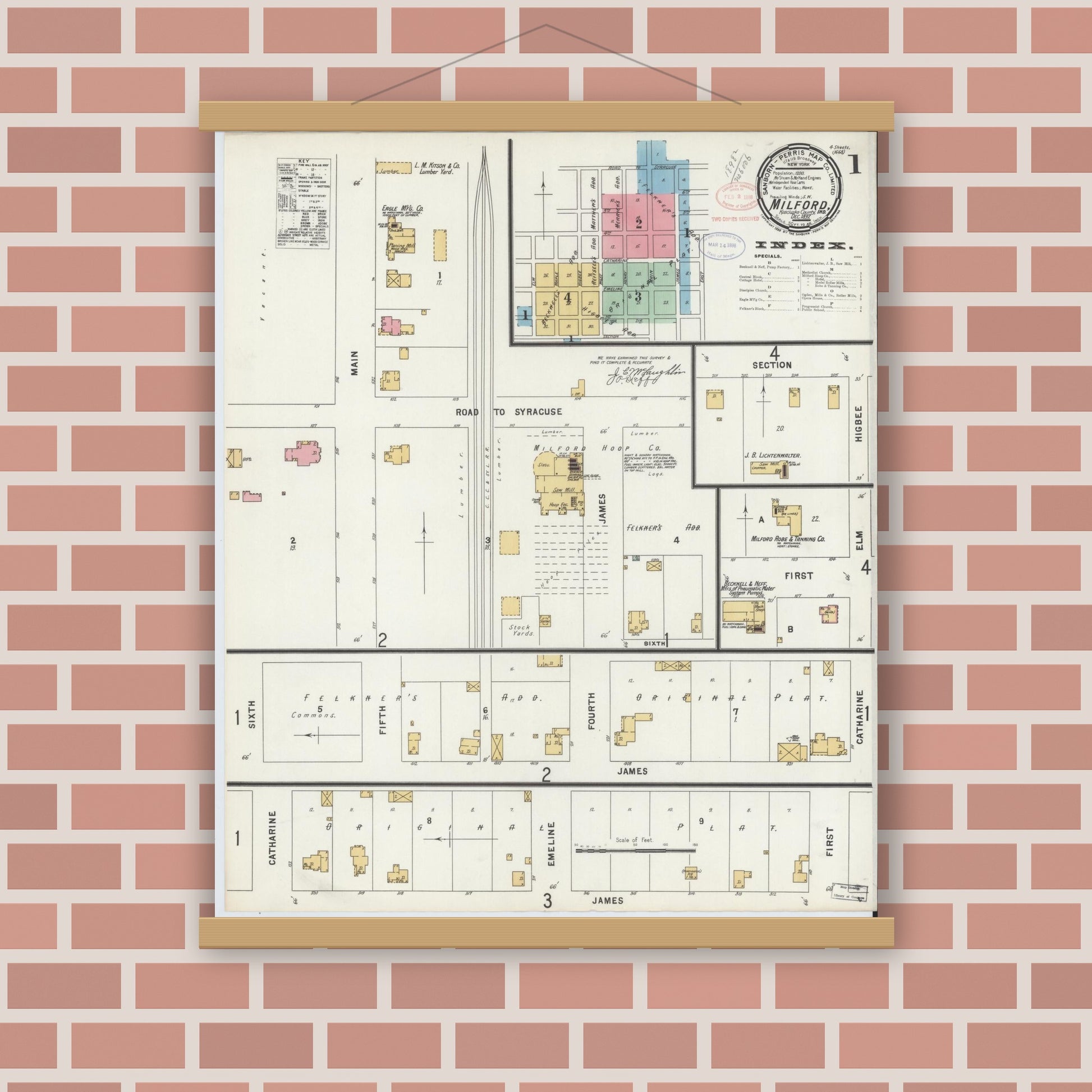 Old map wall art mockup — magnetic wood frame on brick wall — Sanborn Fire Insurance Map from Milford, Kosciusko County, Indiana (1897) - Complete Map Set