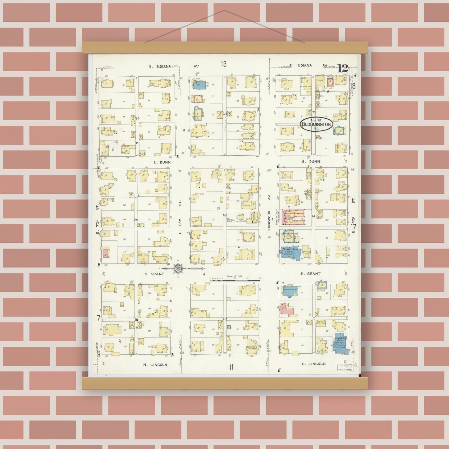 Old map wall art mockup — magnetic wood frame on brick wall — Sanborn Fire Insurance Map from Bloomington, Monroe County, Indiana (1913), Sheet #0012