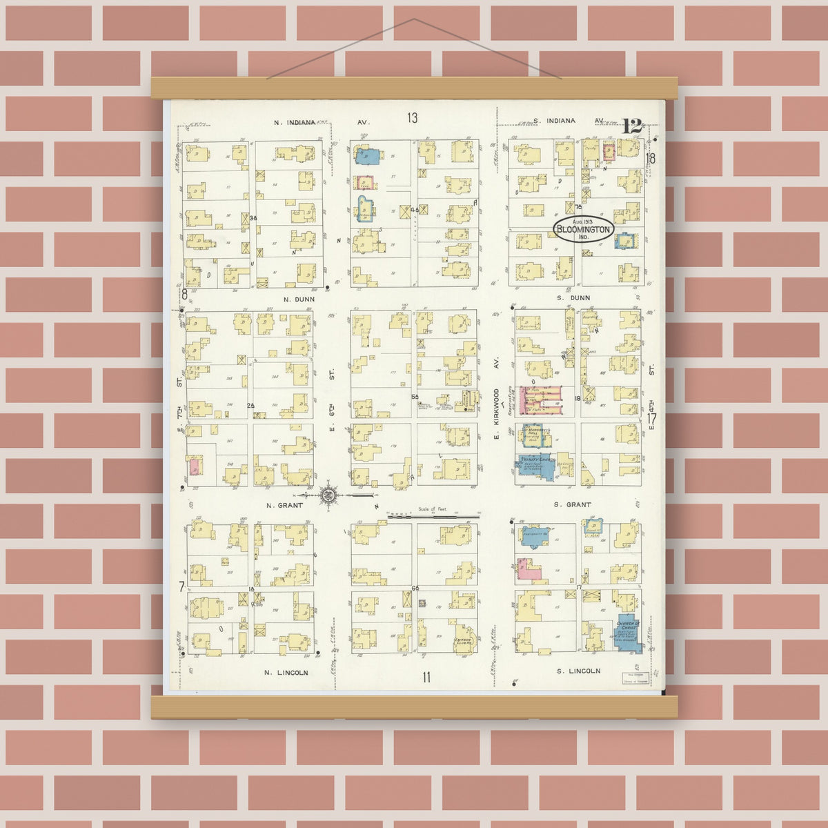 Old map wall art mockup — magnetic wood frame on brick wall — Sanborn Fire Insurance Map from Bloomington, Monroe County, Indiana (1913), Sheet #0012