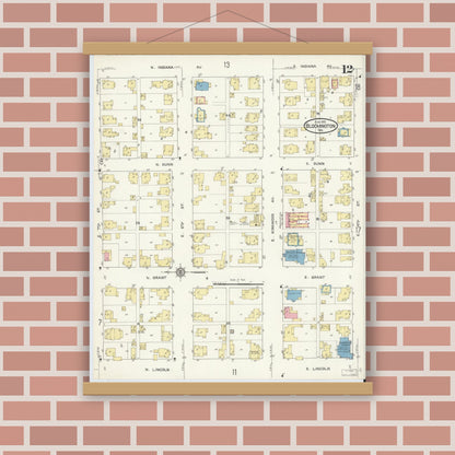 Old map wall art mockup — magnetic wood frame on brick wall — Sanborn Fire Insurance Map from Bloomington, Monroe County, Indiana (1913), Sheet #0012