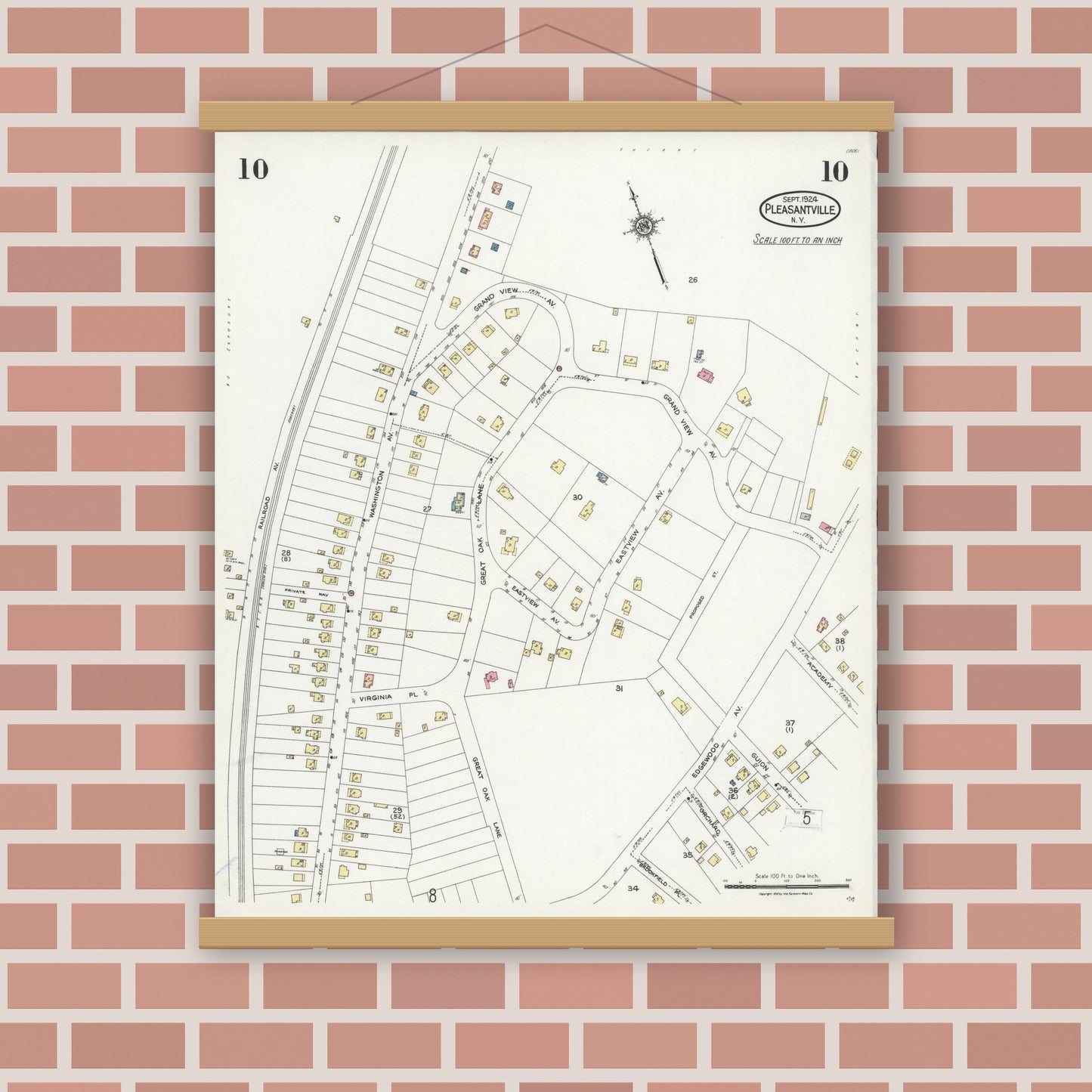Old map wall art mockup — magnetic wood frame on brick wall — Sanborn Fire Insurance Map from Pleasantville, Westchester County, New York (1924), Sheet #0010