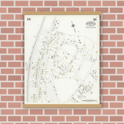 Old map wall art mockup — magnetic wood frame on brick wall — Sanborn Fire Insurance Map from Pleasantville, Westchester County, New York (1924), Sheet #0010