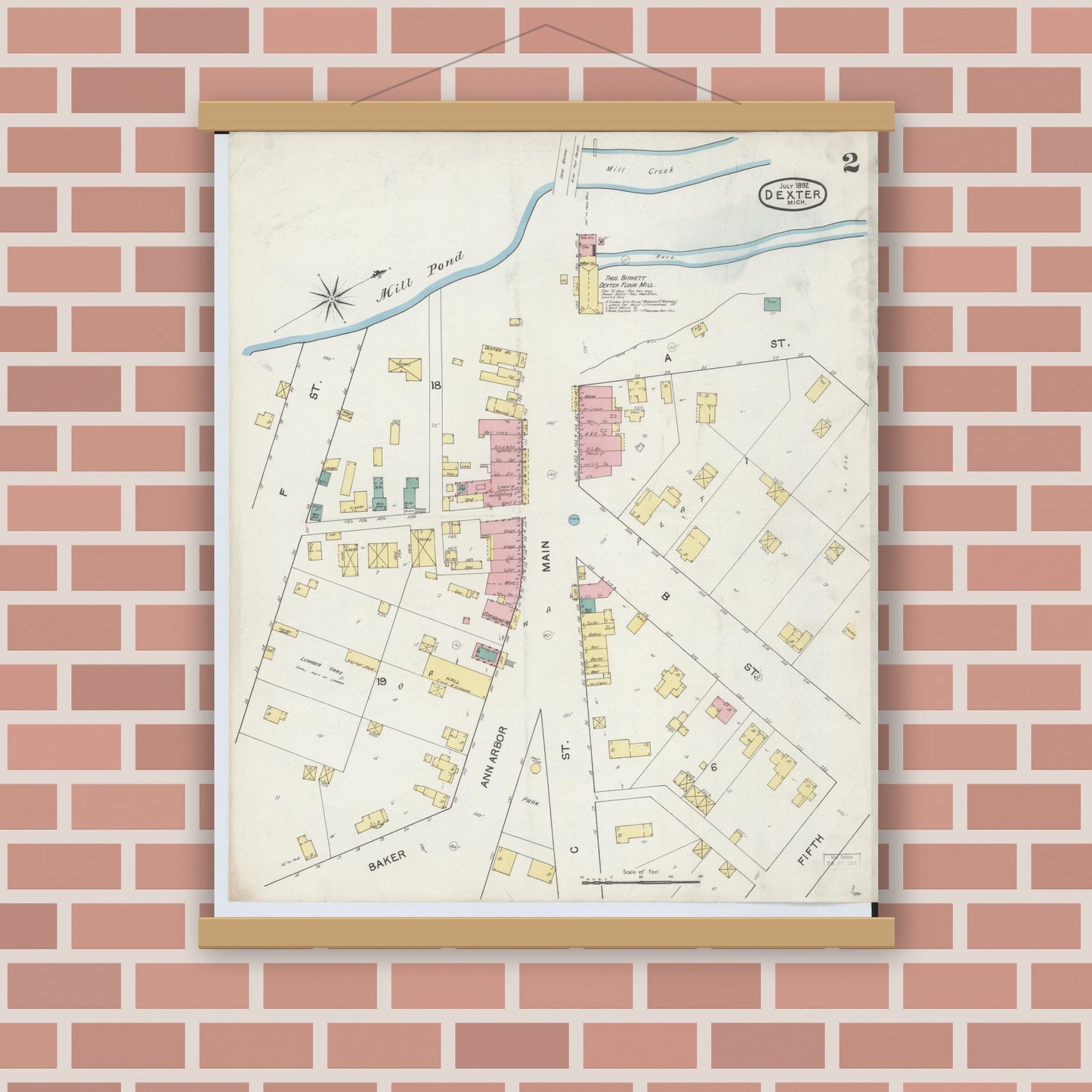 Old map wall art mockup — magnetic wood frame on brick wall — Sanborn Fire Insurance Map from Dexter, Washtenaw County, Michigan (1892), Sheet #0002