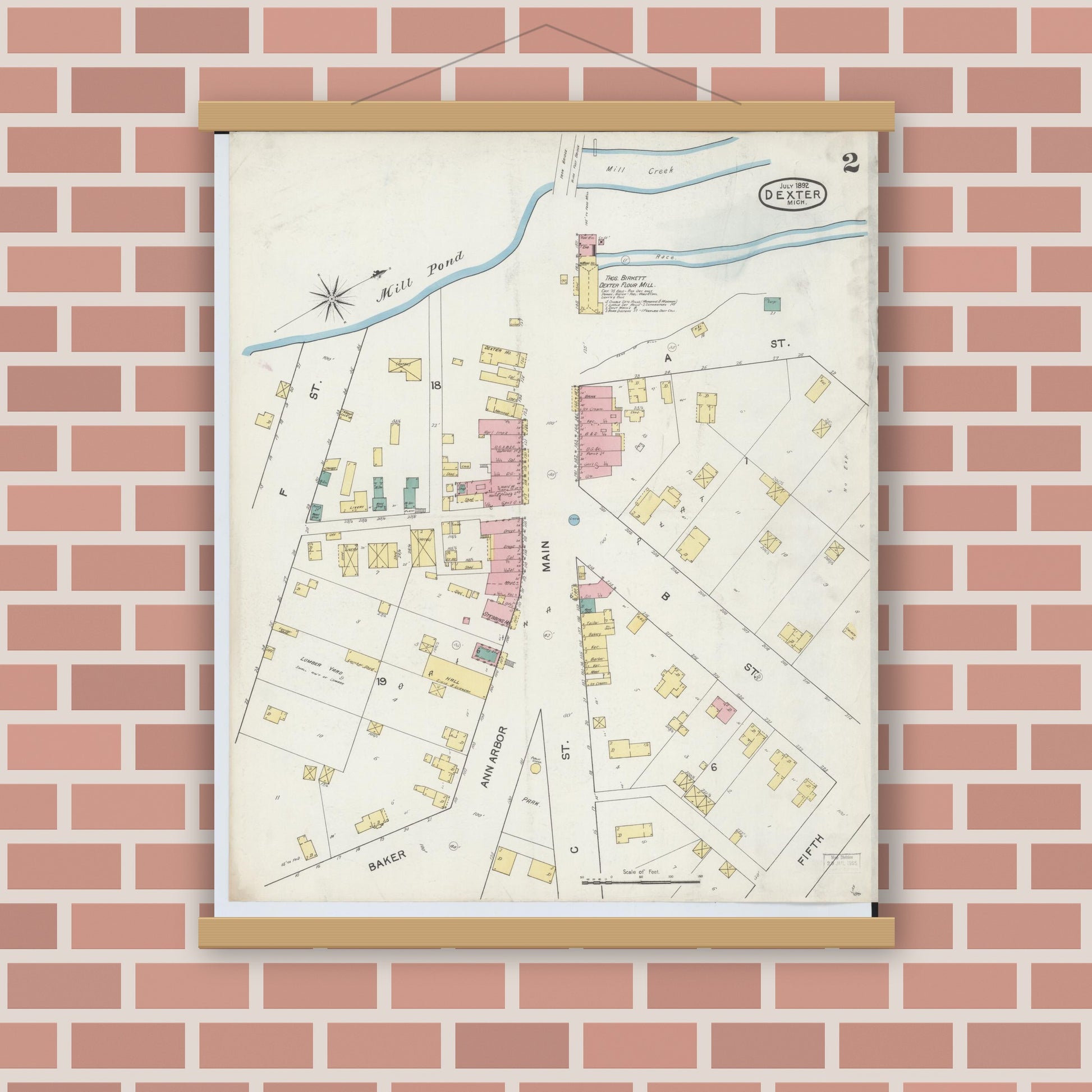 Old map wall art mockup — magnetic wood frame on brick wall — Sanborn Fire Insurance Map from Dexter, Washtenaw County, Michigan (1892), Sheet #0002