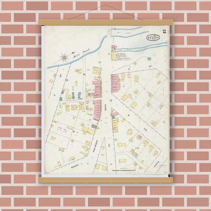 Old map wall art mockup — magnetic wood frame on brick wall — Sanborn Fire Insurance Map from Dexter, Washtenaw County, Michigan (1892), Sheet #0002