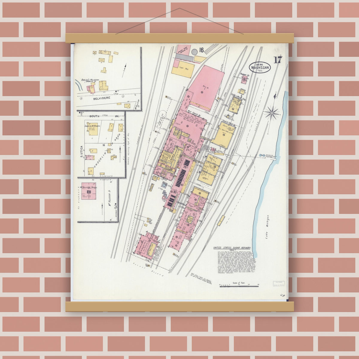Old map wall art mockup — magnetic wood frame on brick wall — Sanborn Fire Insurance Map from Waukegan, Lake County, Illinois (1906), Sheet #0017
