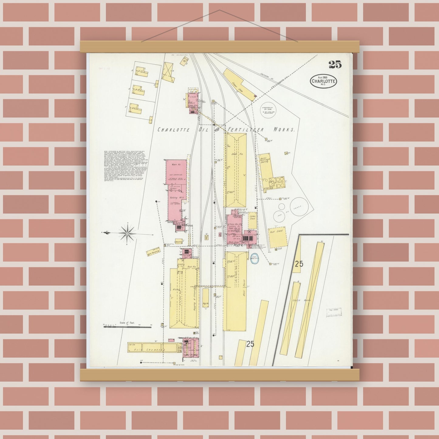 Old map wall art mockup — magnetic wood frame on brick wall — Sanborn Fire Insurance Map from Charlotte, Mecklenburg County, North Carolina (1900), Sheet #0025