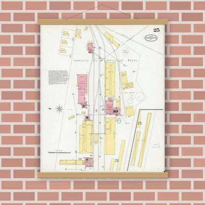 Old map wall art mockup — magnetic wood frame on brick wall — Sanborn Fire Insurance Map from Charlotte, Mecklenburg County, North Carolina (1900), Sheet #0025