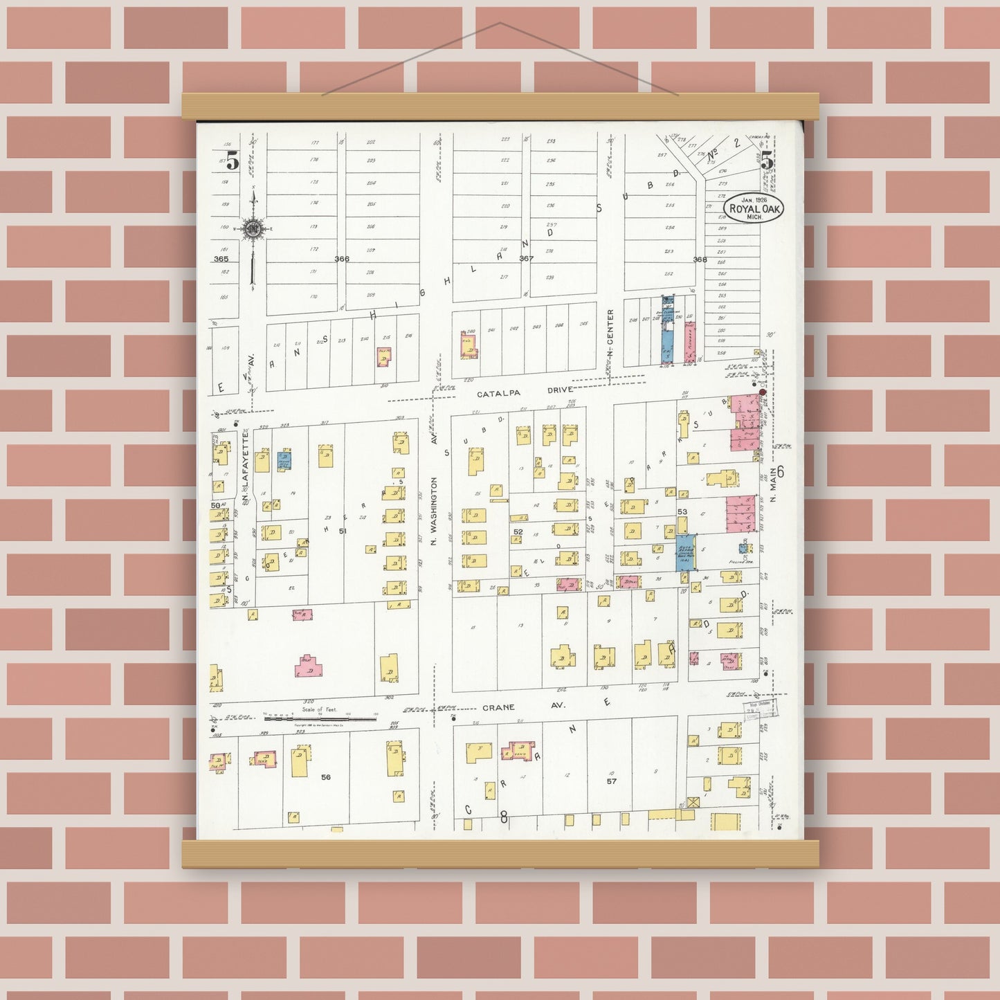 Old map wall art mockup — magnetic wood frame on brick wall — Sanborn Fire Insurance Map from Royal Oak, Oakland County, Michigan (1926), Sheet #0005