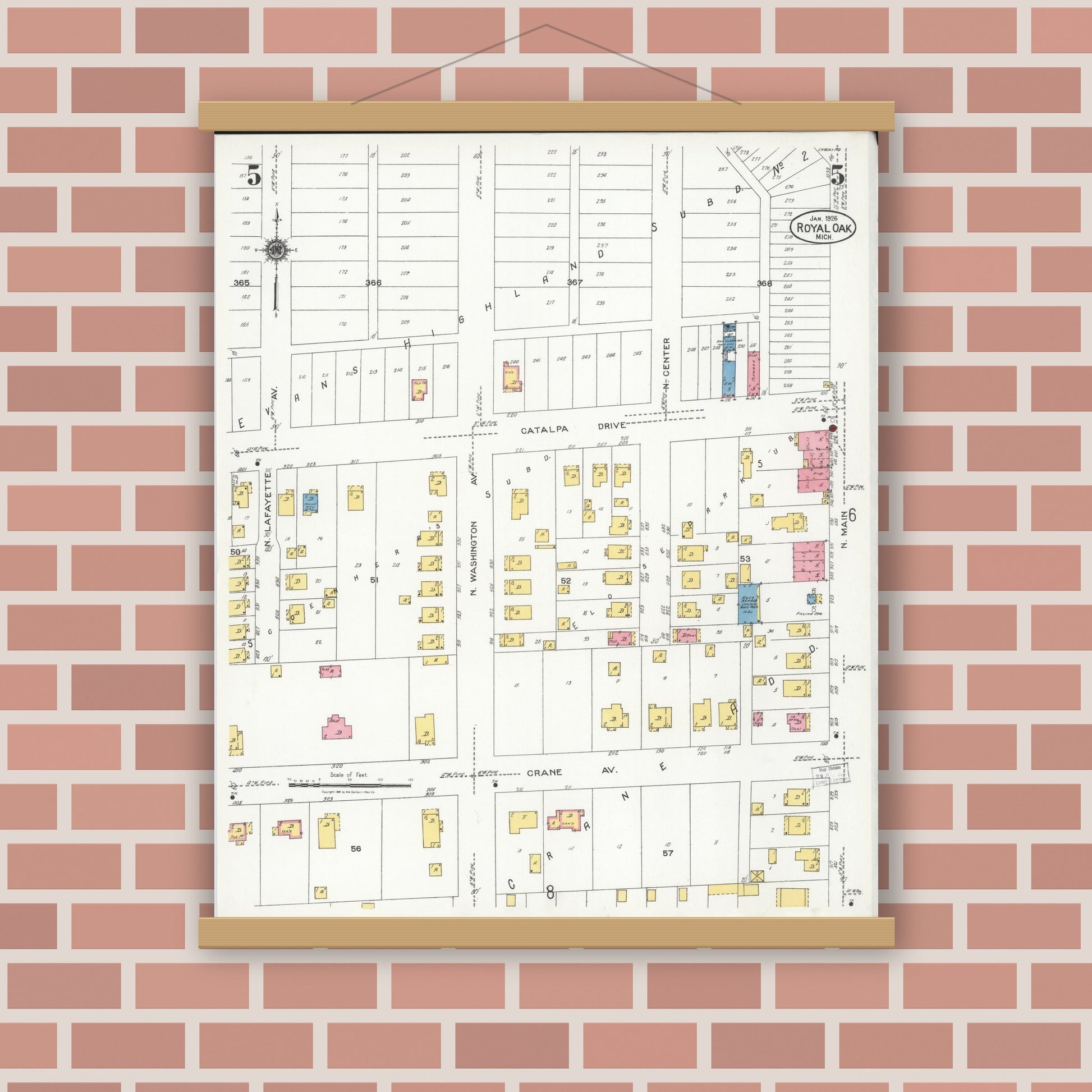 Old map wall art mockup — magnetic wood frame on brick wall — Sanborn Fire Insurance Map from Royal Oak, Oakland County, Michigan (1926), Sheet #0005