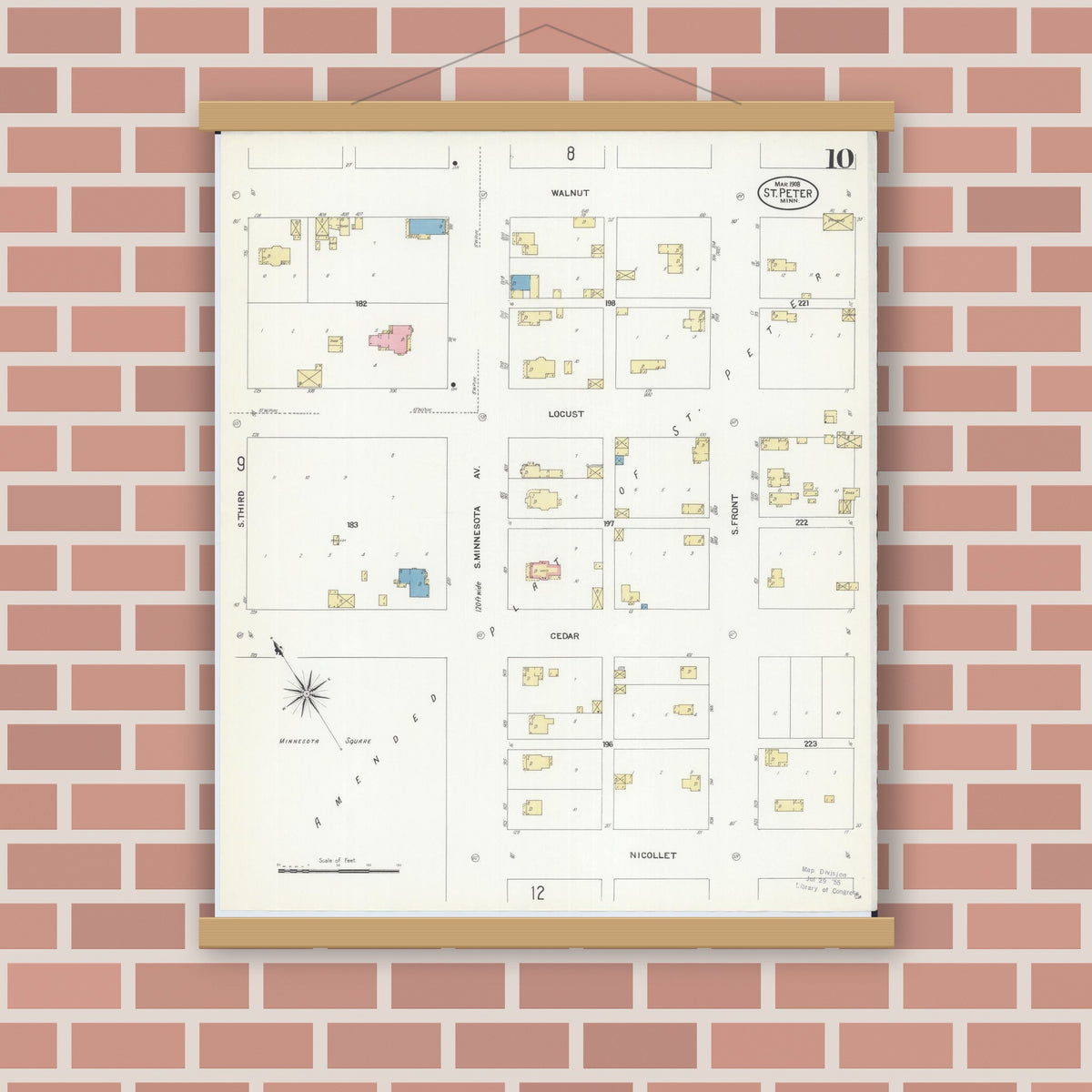 Old map wall art mockup — magnetic wood frame on brick wall — Sanborn Fire Insurance Map from Saint Peter, Nicollet County, Minnesota (1908), Sheet #0010