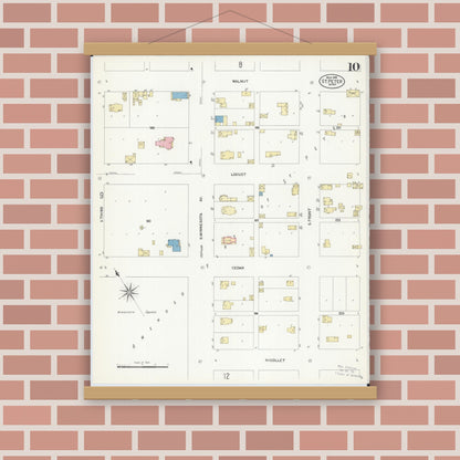 Old map wall art mockup — magnetic wood frame on brick wall — Sanborn Fire Insurance Map from Saint Peter, Nicollet County, Minnesota (1908), Sheet #0010