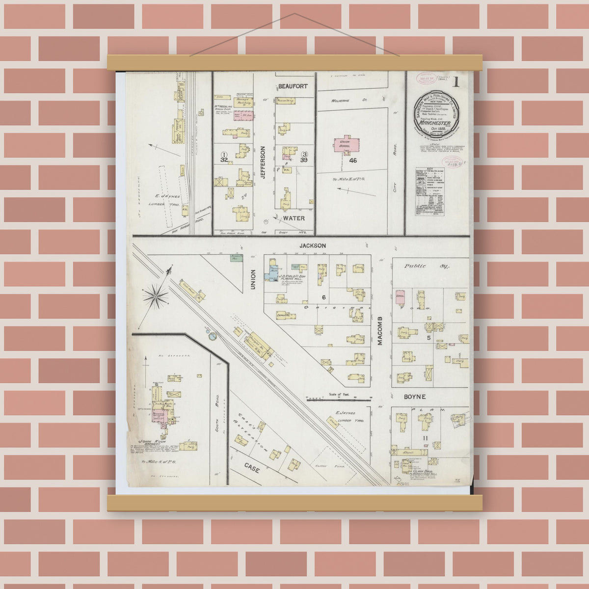 Old map wall art mockup — magnetic wood frame on brick wall — Sanborn Fire Insurance Map from Manchester, Washtenaw County, Michigan (1888), Sheet #0001