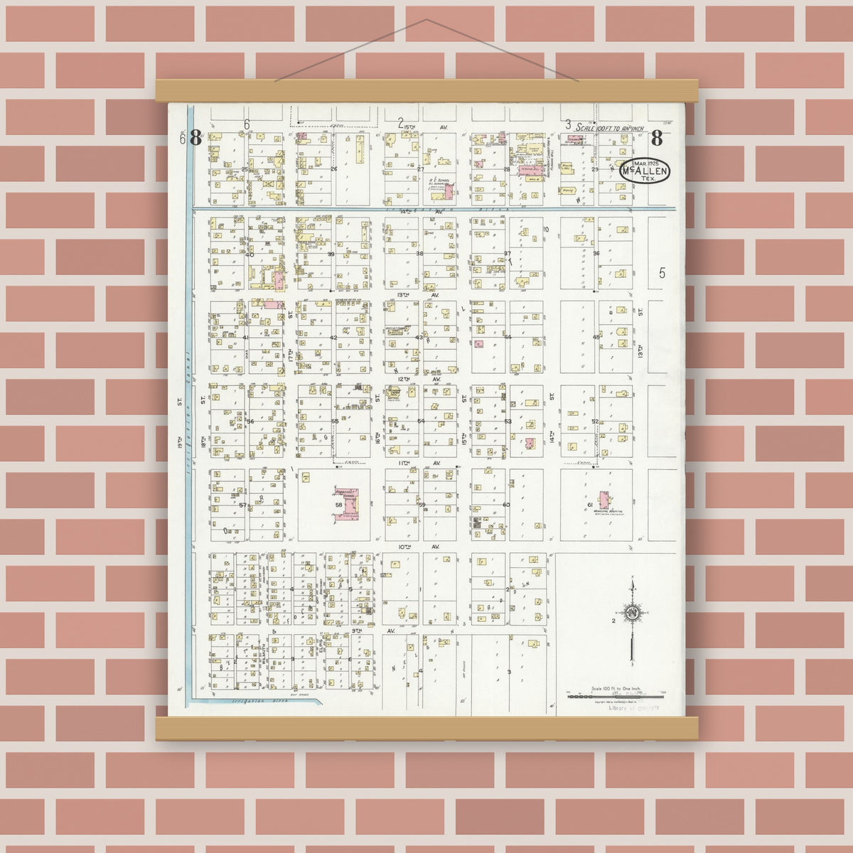 Old map wall art mockup — magnetic wood frame on brick wall — Sanborn Fire Insurance Map from McAllen, Hidalgo County, Texas (1925), Sheet #0008