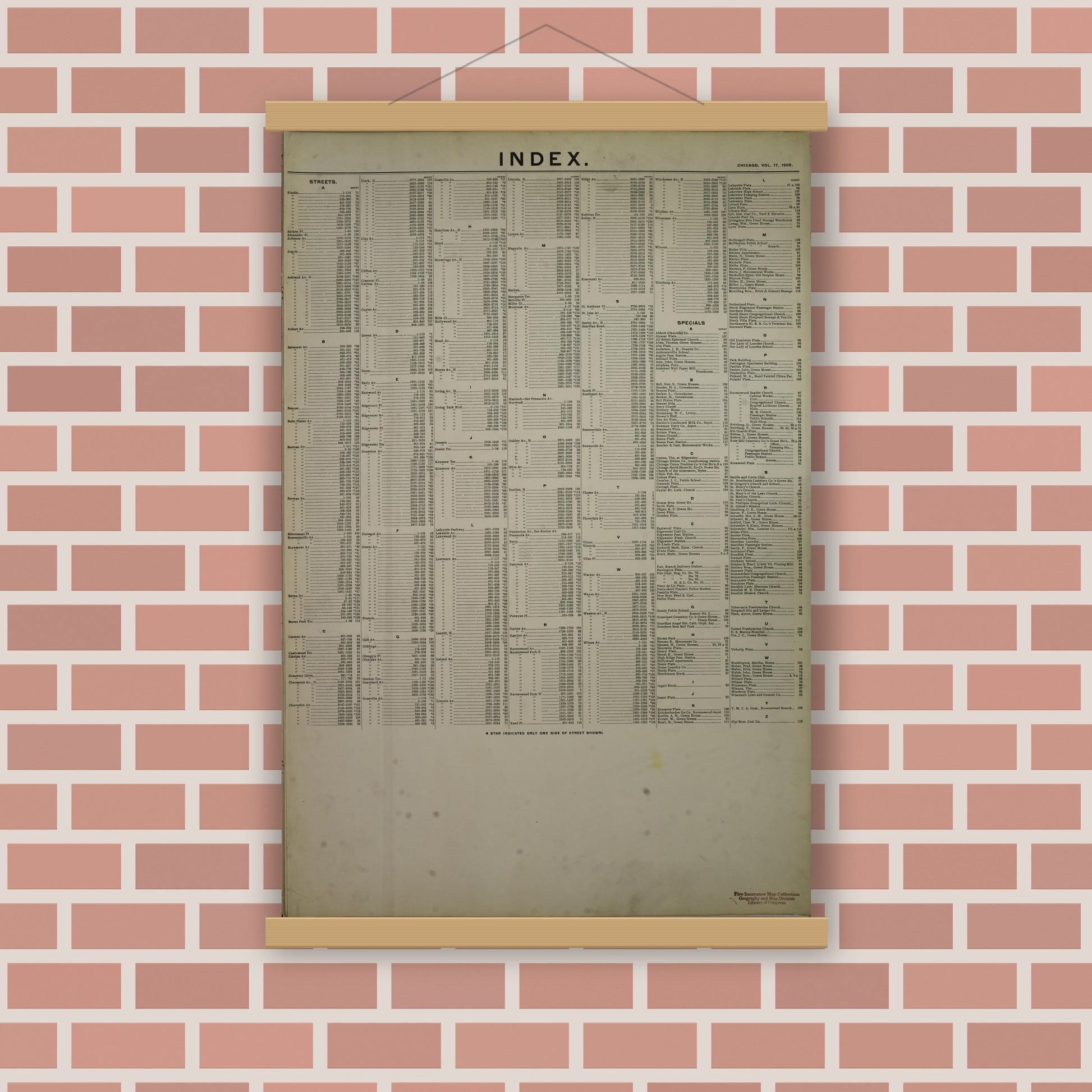 Old map wall art mockup — magnetic wood frame on brick wall — Sanborn Fire Insurance Map from Chicago, Cook County, Illinois (1905), Sheet #0001