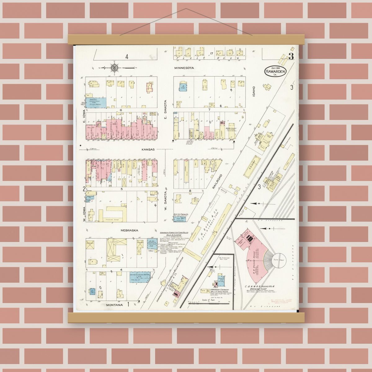 Old map wall art mockup — magnetic wood frame on brick wall — Sanborn Fire Insurance Map from Hawarden, Sioux County, Iowa (1914), Sheet #0003