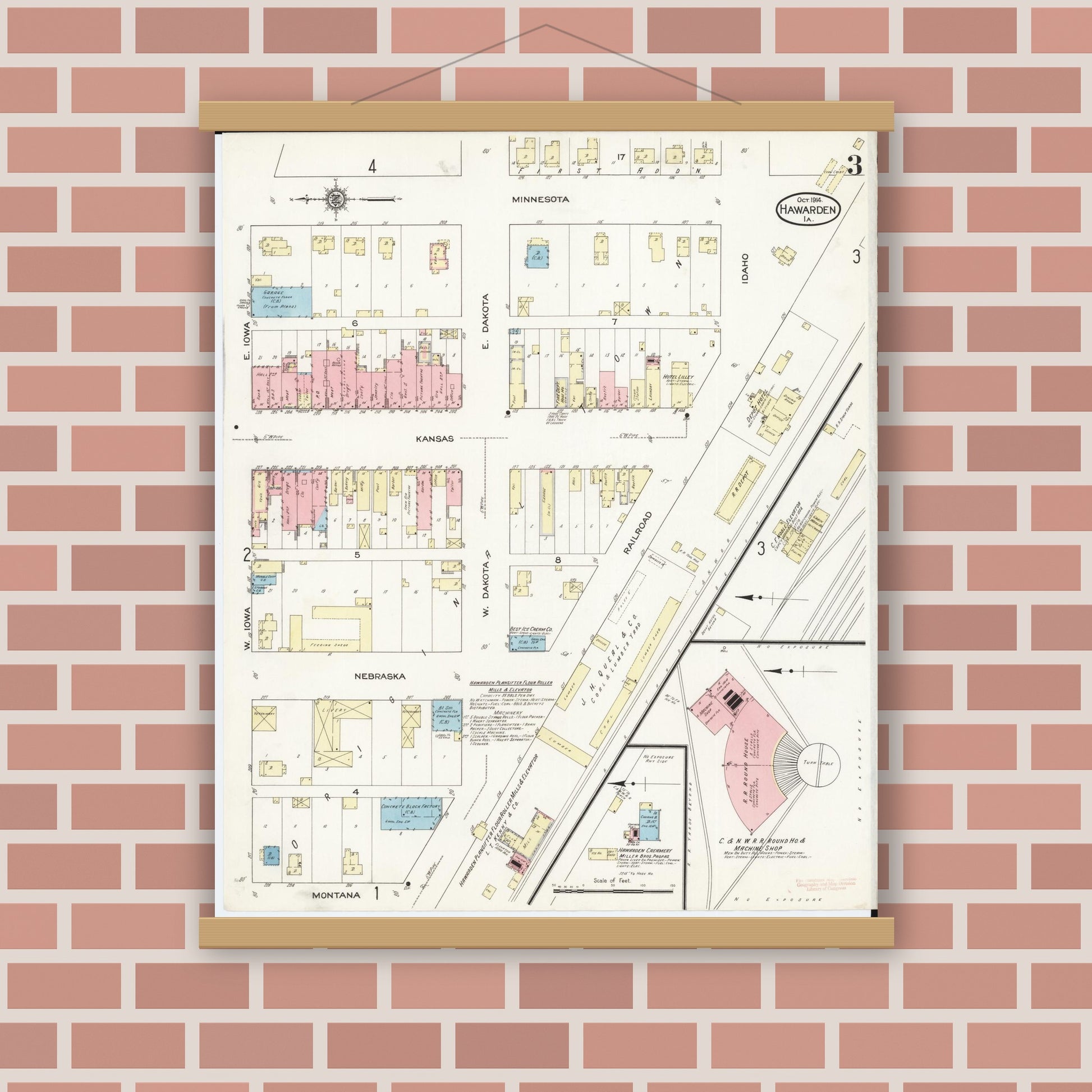 Old map wall art mockup — magnetic wood frame on brick wall — Sanborn Fire Insurance Map from Hawarden, Sioux County, Iowa (1914), Sheet #0003