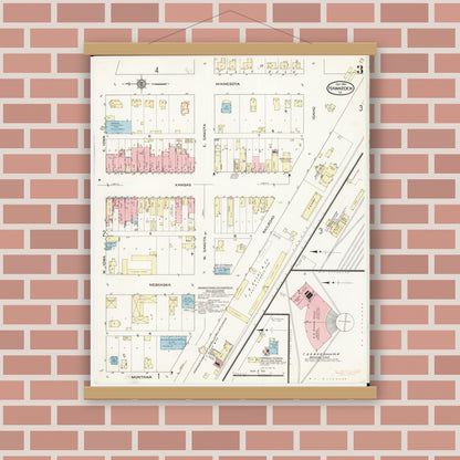 Old map wall art mockup — magnetic wood frame on brick wall — Sanborn Fire Insurance Map from Hawarden, Sioux County, Iowa (1914), Sheet #0003
