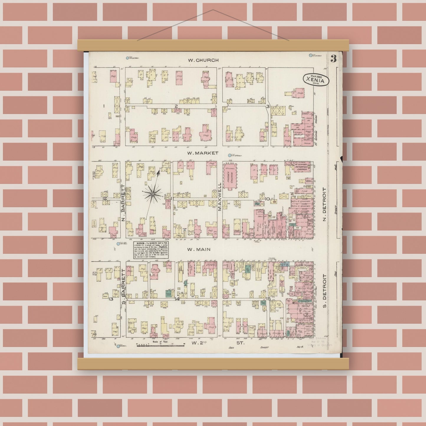 Old map wall art mockup — magnetic wood frame on brick wall — Sanborn Fire Insurance Map from Xenia, Greene County, Ohio (1885), Sheet #0003