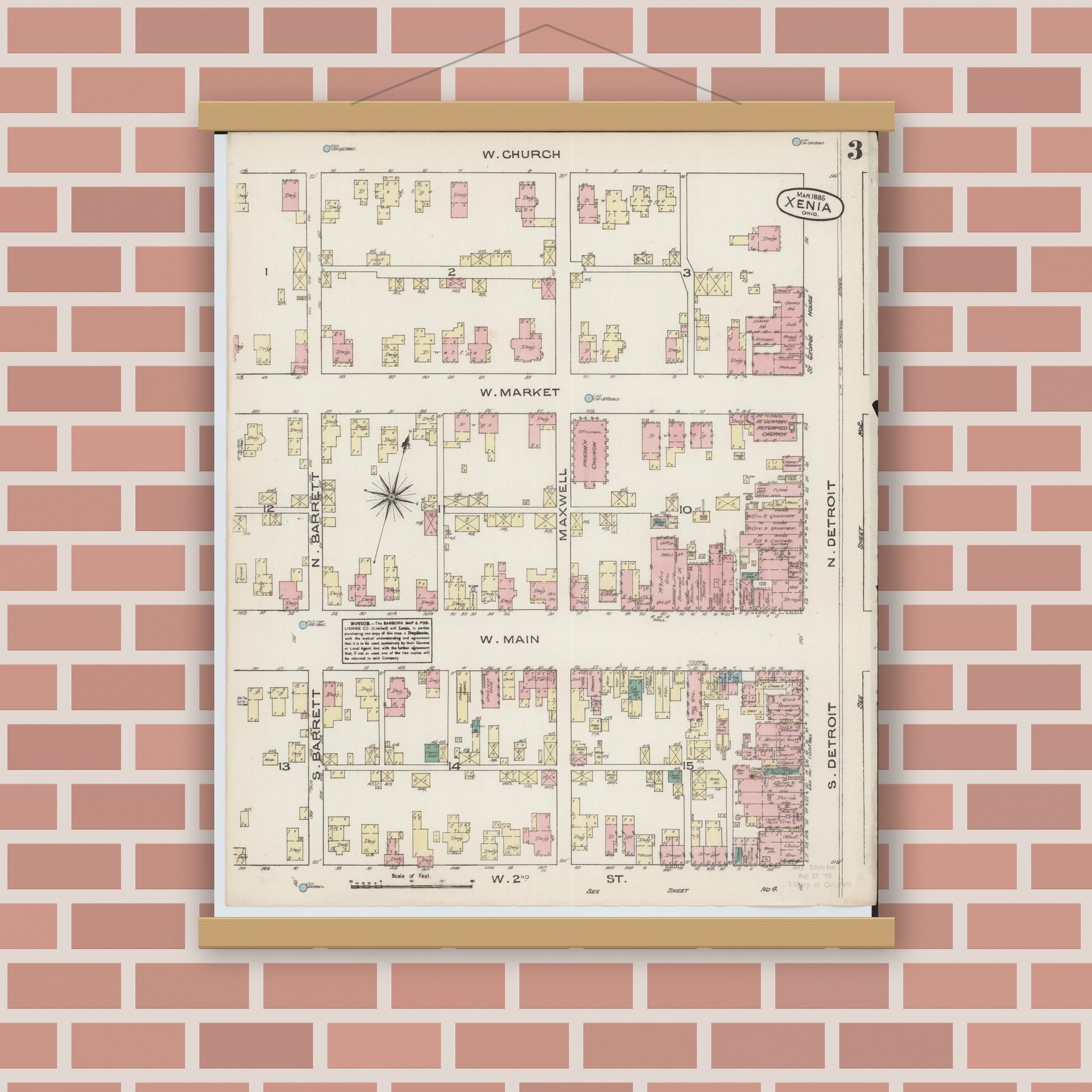 Old map wall art mockup — magnetic wood frame on brick wall — Sanborn Fire Insurance Map from Xenia, Greene County, Ohio (1885), Sheet #0003