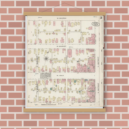 Old map wall art mockup — magnetic wood frame on brick wall — Sanborn Fire Insurance Map from Xenia, Greene County, Ohio (1885), Sheet #0003