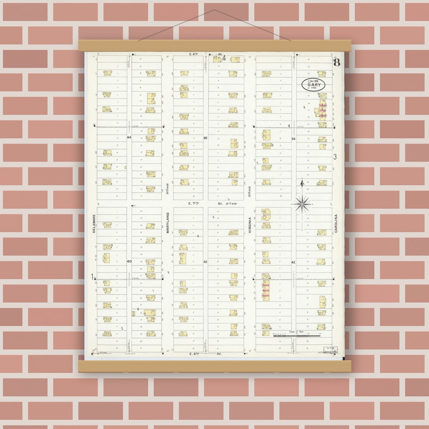 Old map wall art mockup — magnetic wood frame on brick wall — Sanborn Fire Insurance Map from Gary, Lake County, Indiana (1908), Sheet #0008