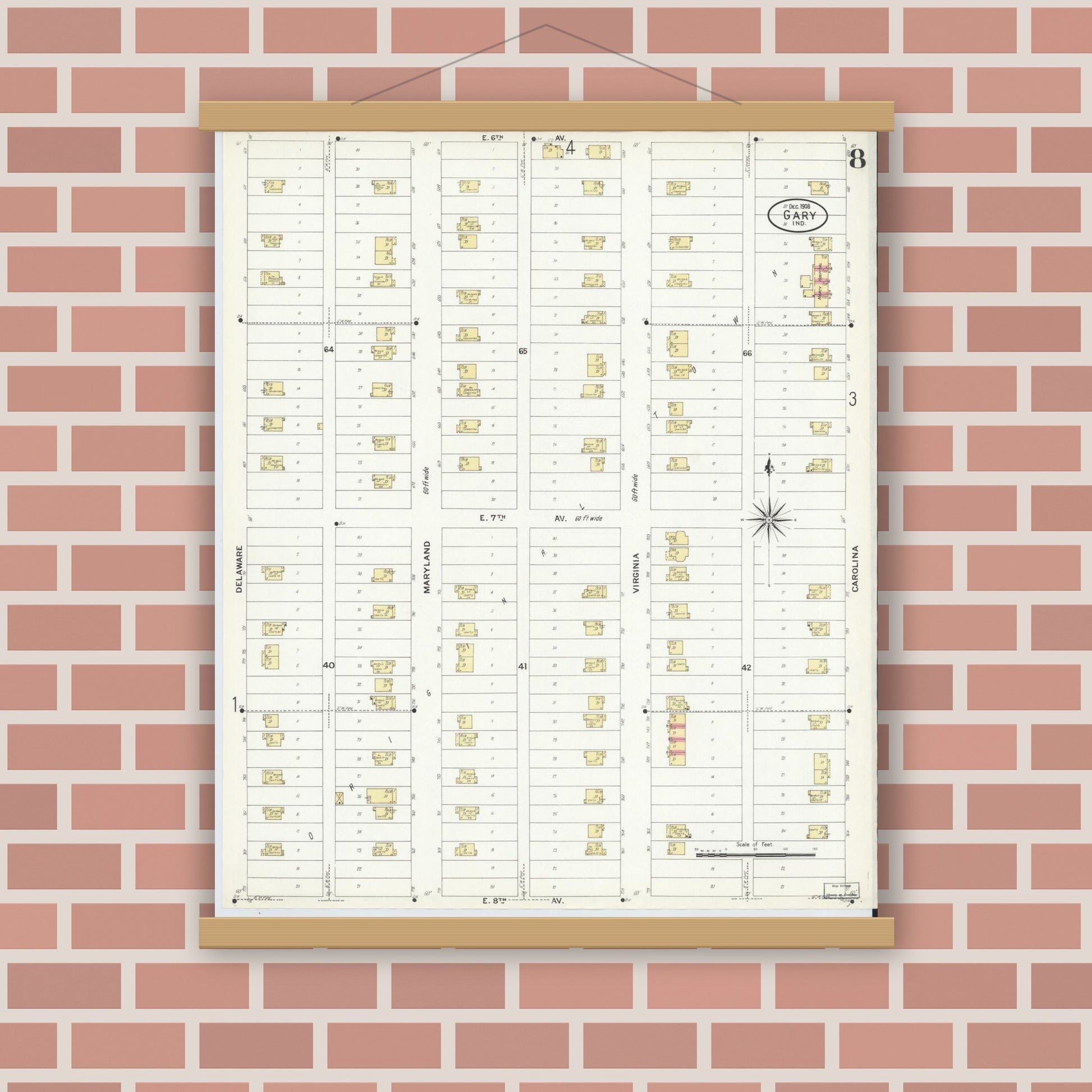 Old map wall art mockup — magnetic wood frame on brick wall — Sanborn Fire Insurance Map from Gary, Lake County, Indiana (1908), Sheet #0008
