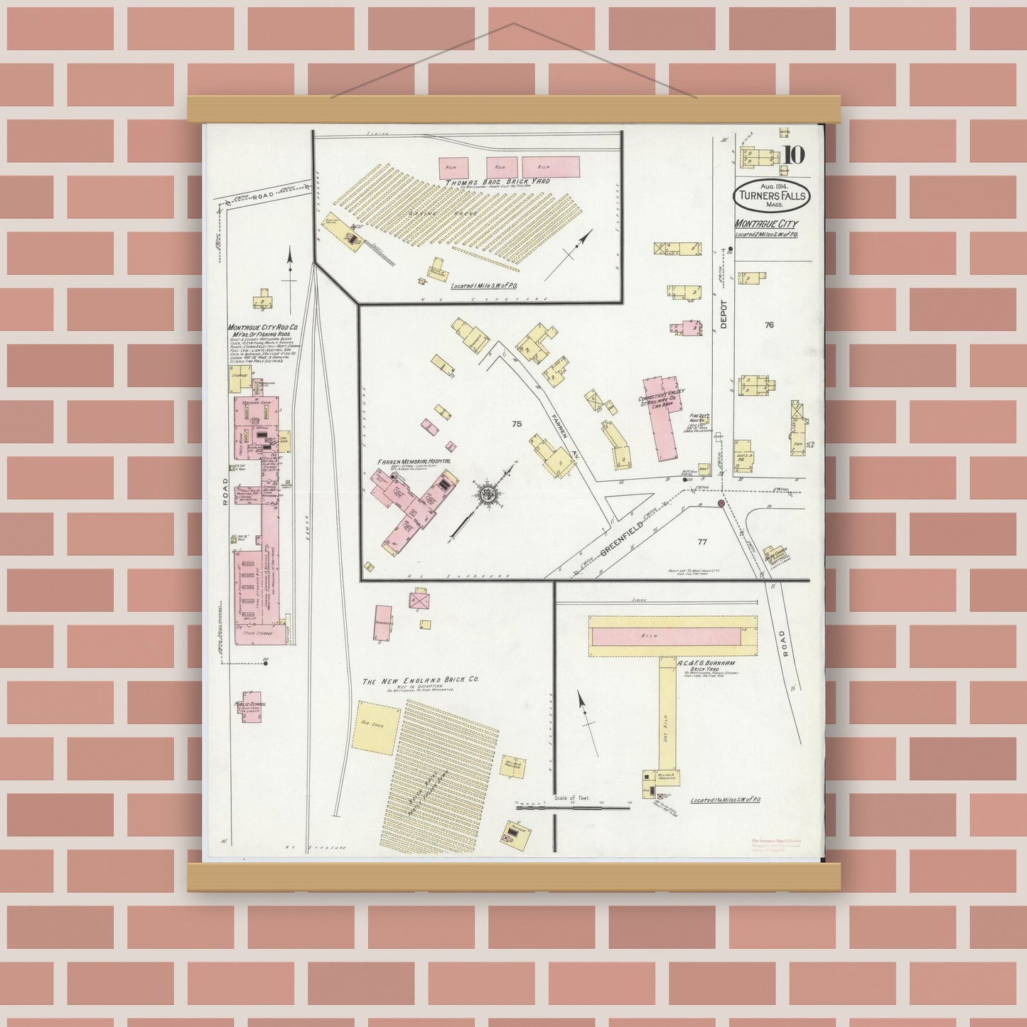 Old map wall art mockup — magnetic wood frame on brick wall — Sanborn Fire Insurance Map from Turners Falls, Franklin County, Massachusetts (1914), Sheet #0010