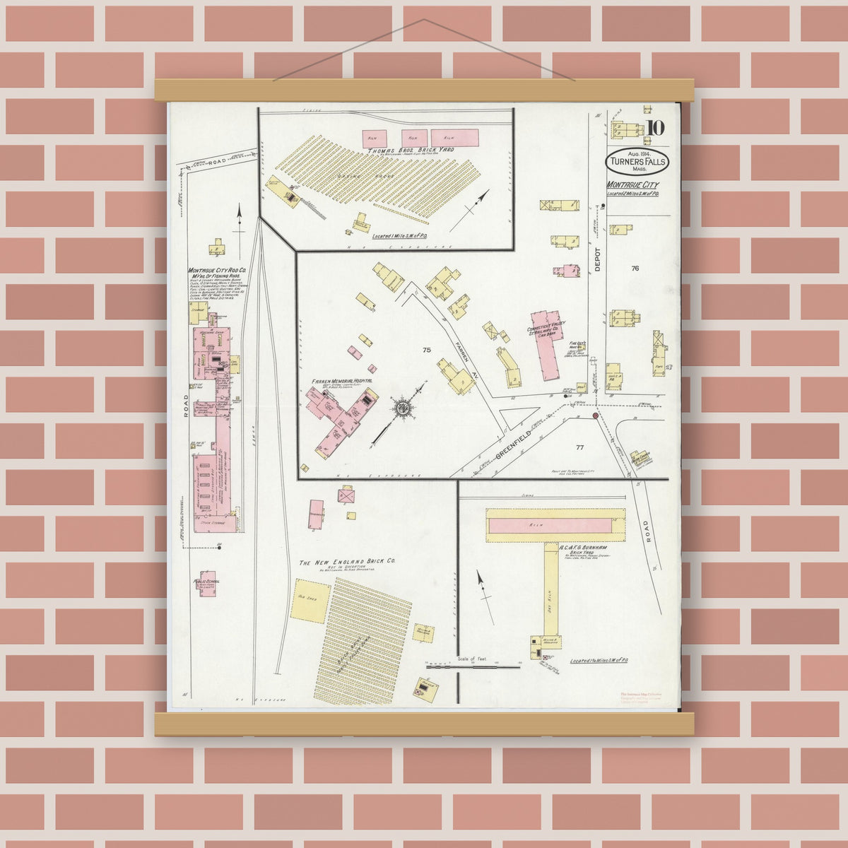Old map wall art mockup — magnetic wood frame on brick wall — Sanborn Fire Insurance Map from Turners Falls, Franklin County, Massachusetts (1914), Sheet #0010