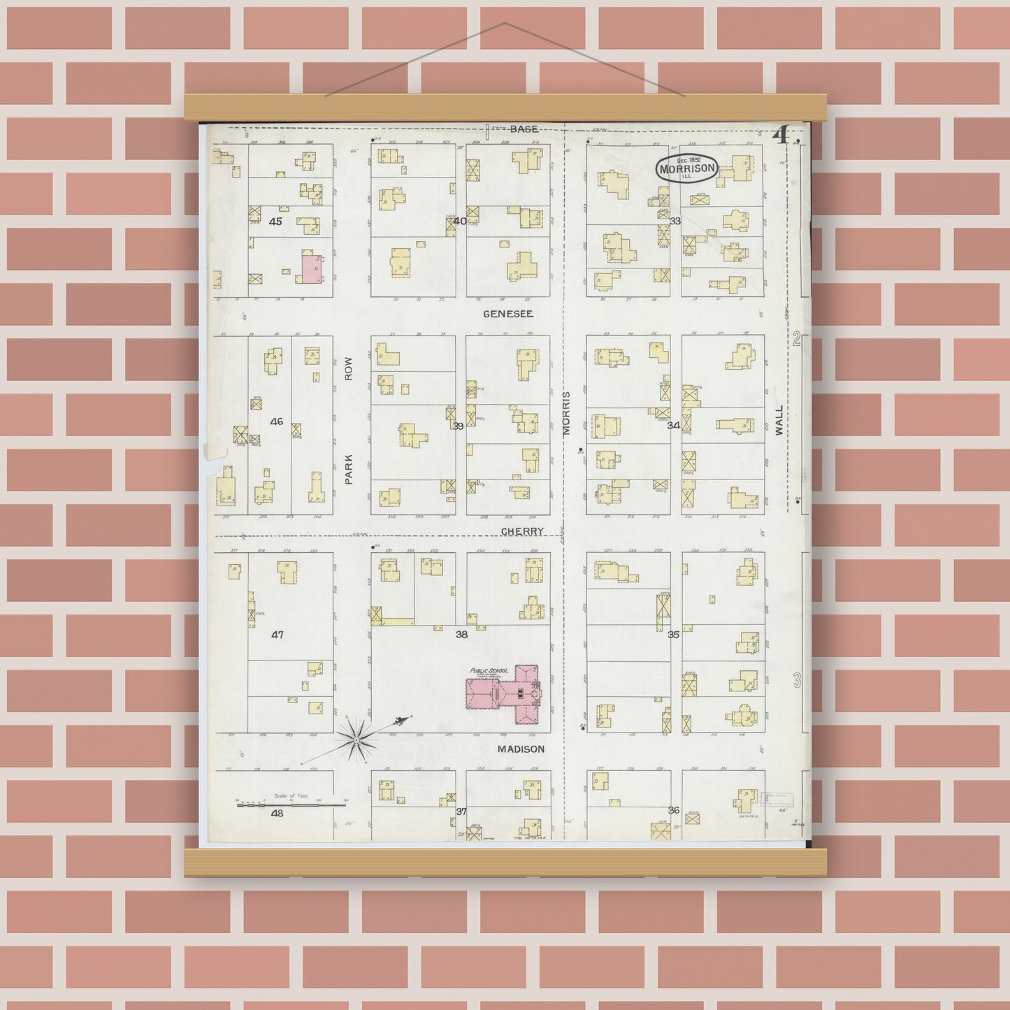 Old map wall art mockup — magnetic wood frame on brick wall — Sanborn Fire Insurance Map from Morrison, Whiteside County, Illinois (1892), Sheet #0004
