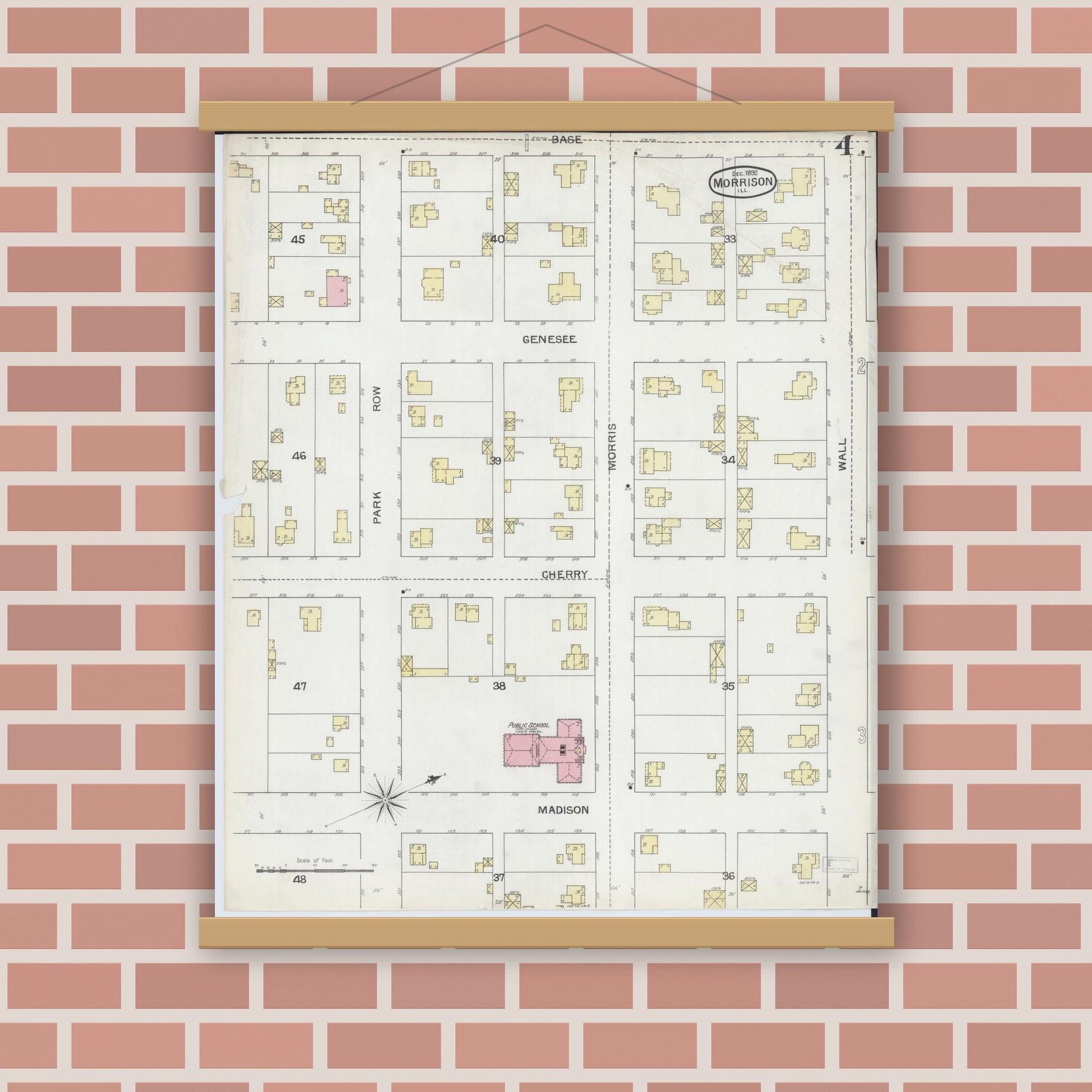 Old map wall art mockup — magnetic wood frame on brick wall — Sanborn Fire Insurance Map from Morrison, Whiteside County, Illinois (1892), Sheet #0004