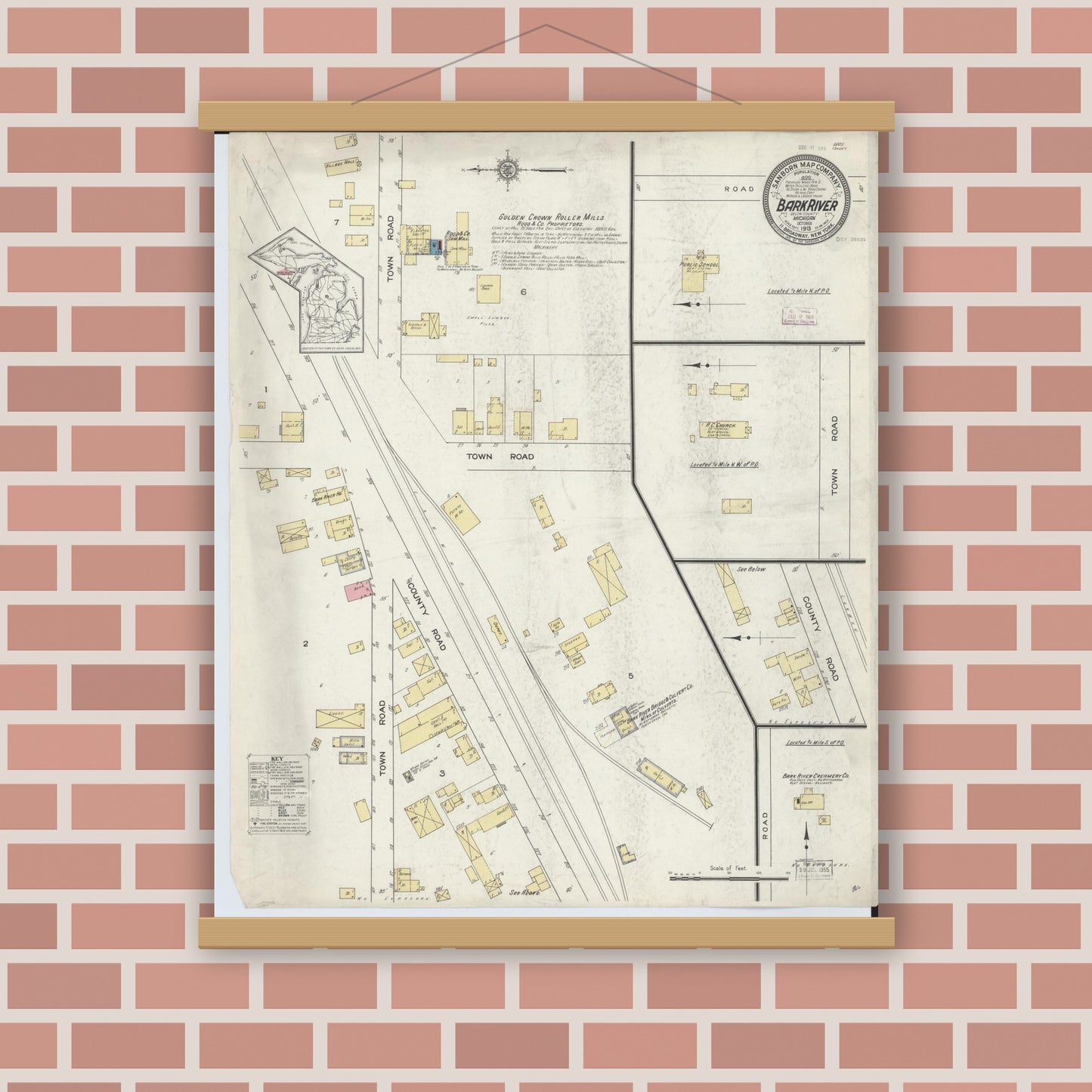 Old map wall art mockup — magnetic wood frame on brick wall — Sanborn Fire Insurance Map from Bark River, Delta County, Michigan (1913), Sheet #0001