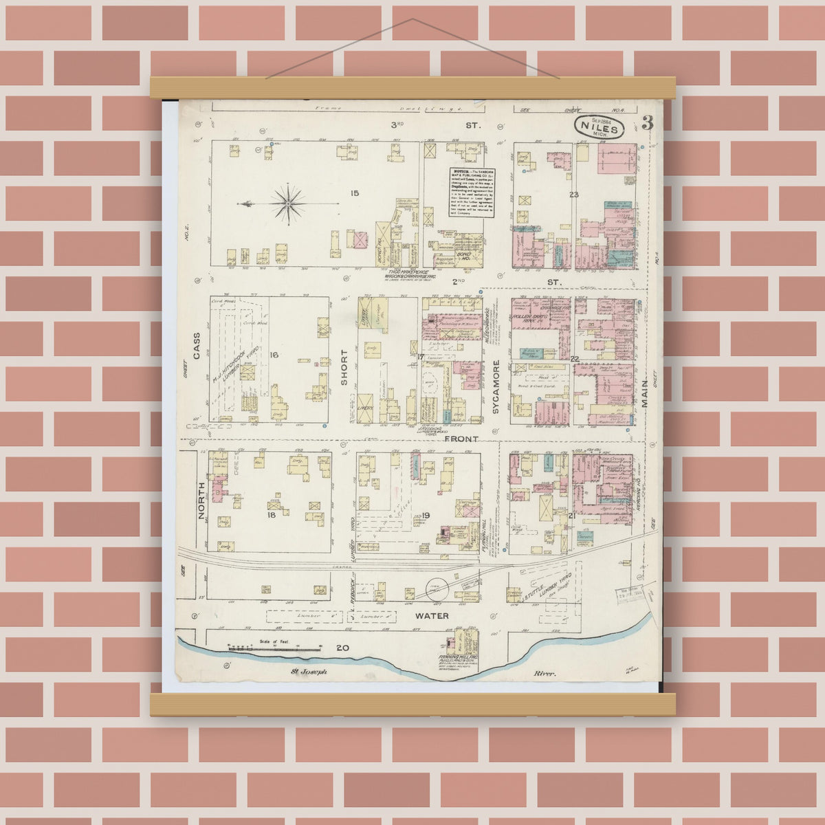 Old map wall art mockup — magnetic wood frame on brick wall — Sanborn Fire Insurance Map from Niles, Berrien County, Michigan (1884), Sheet #0003