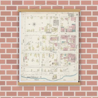 Old map wall art mockup — magnetic wood frame on brick wall — Sanborn Fire Insurance Map from Niles, Berrien County, Michigan (1884), Sheet #0003