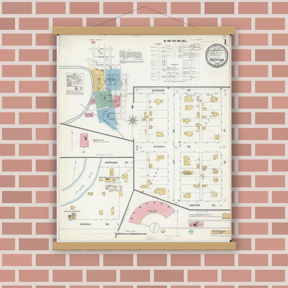Old map wall art mockup — magnetic wood frame on brick wall — Sanborn Fire Insurance Map from Montevideo, Chippewa County, Minnesota (1899), Sheet #0001