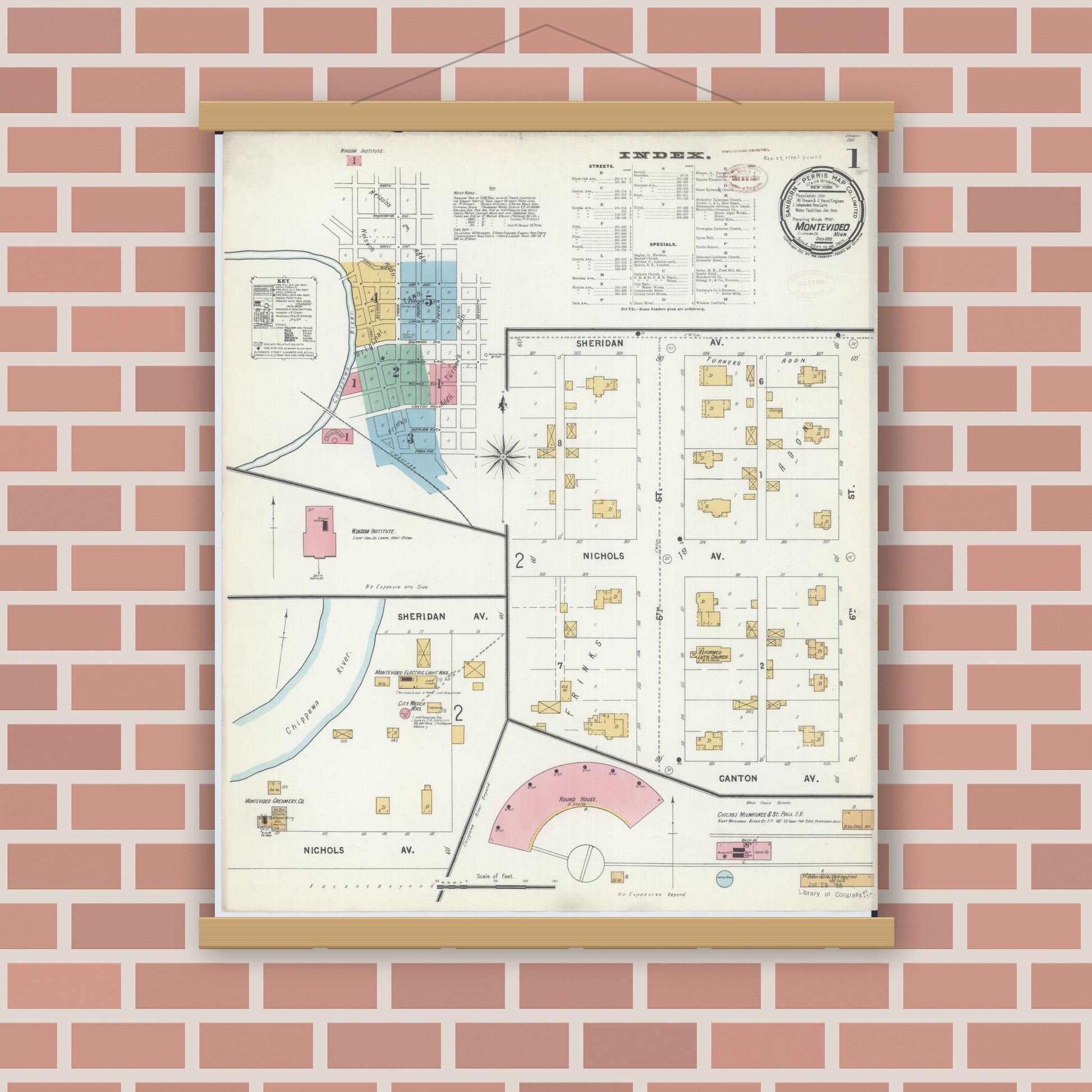 Old map wall art mockup — magnetic wood frame on brick wall — Sanborn Fire Insurance Map from Montevideo, Chippewa County, Minnesota (1899), Sheet #0001