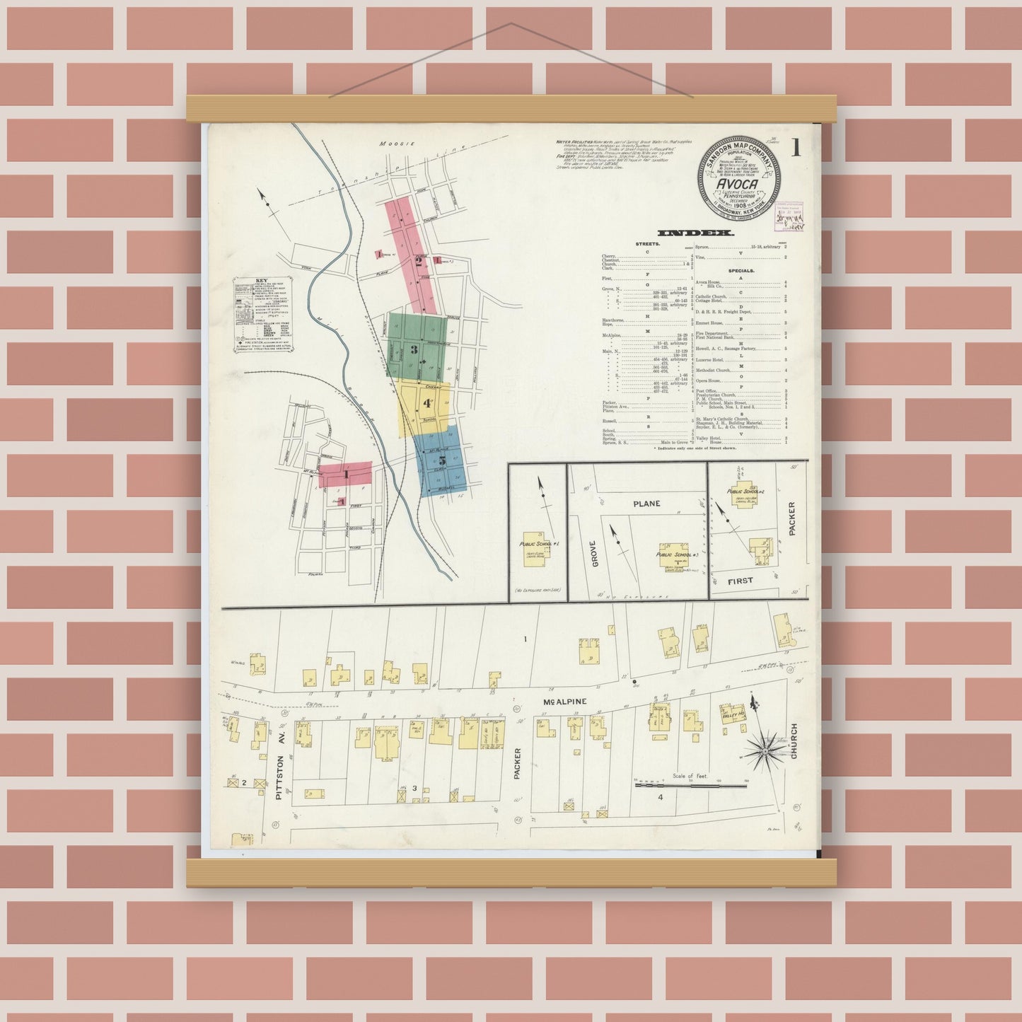 Old map wall art mockup — magnetic wood frame on brick wall — Sanborn Fire Insurance Map from Avoca, Luzerne County, Pennsylvania (1908) - Complete Map Set