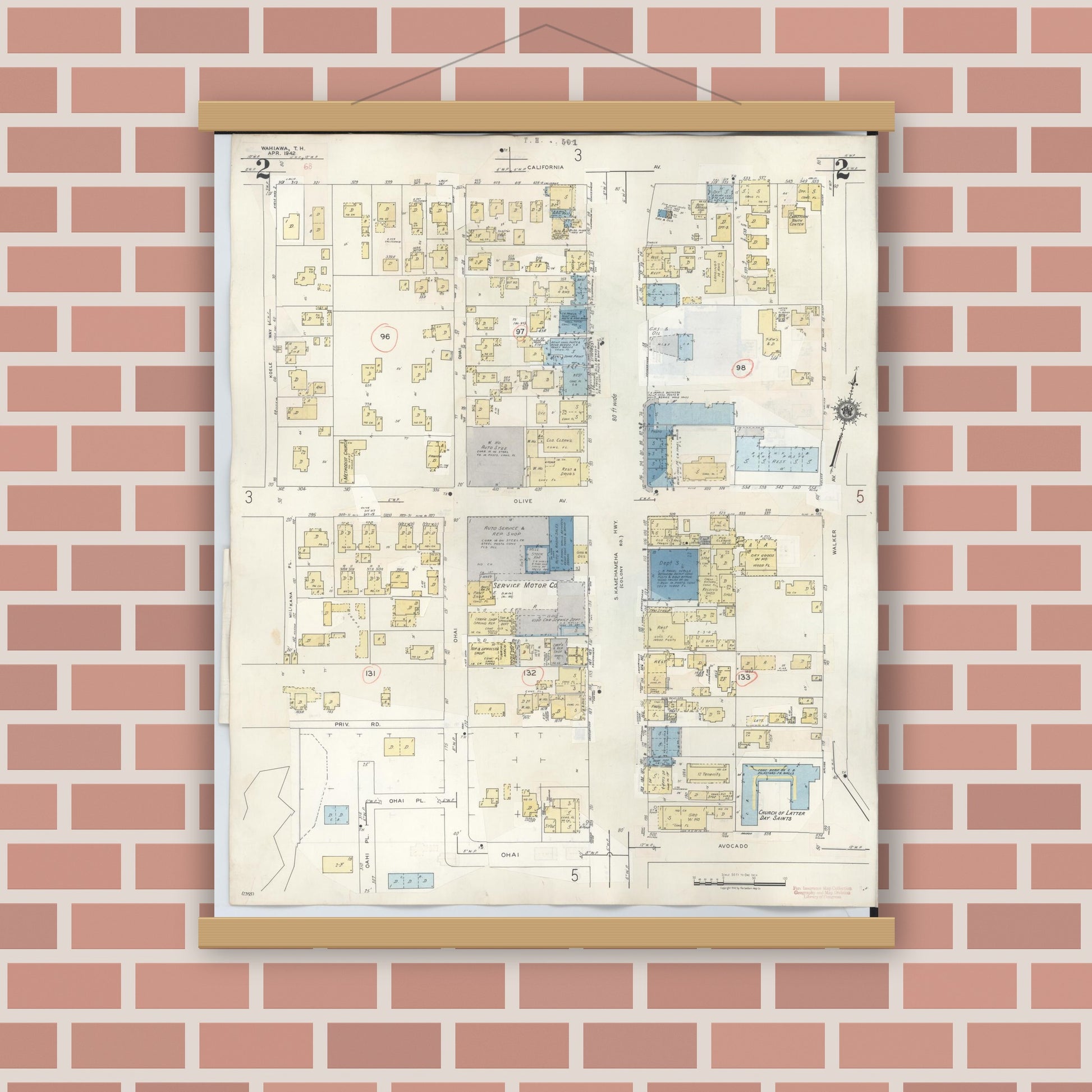 Old map wall art mockup — magnetic wood frame on brick wall — Sanborn Fire Insurance Map from Wahiawa, Honolulu County, Hawaii (1957), Sheet #0002