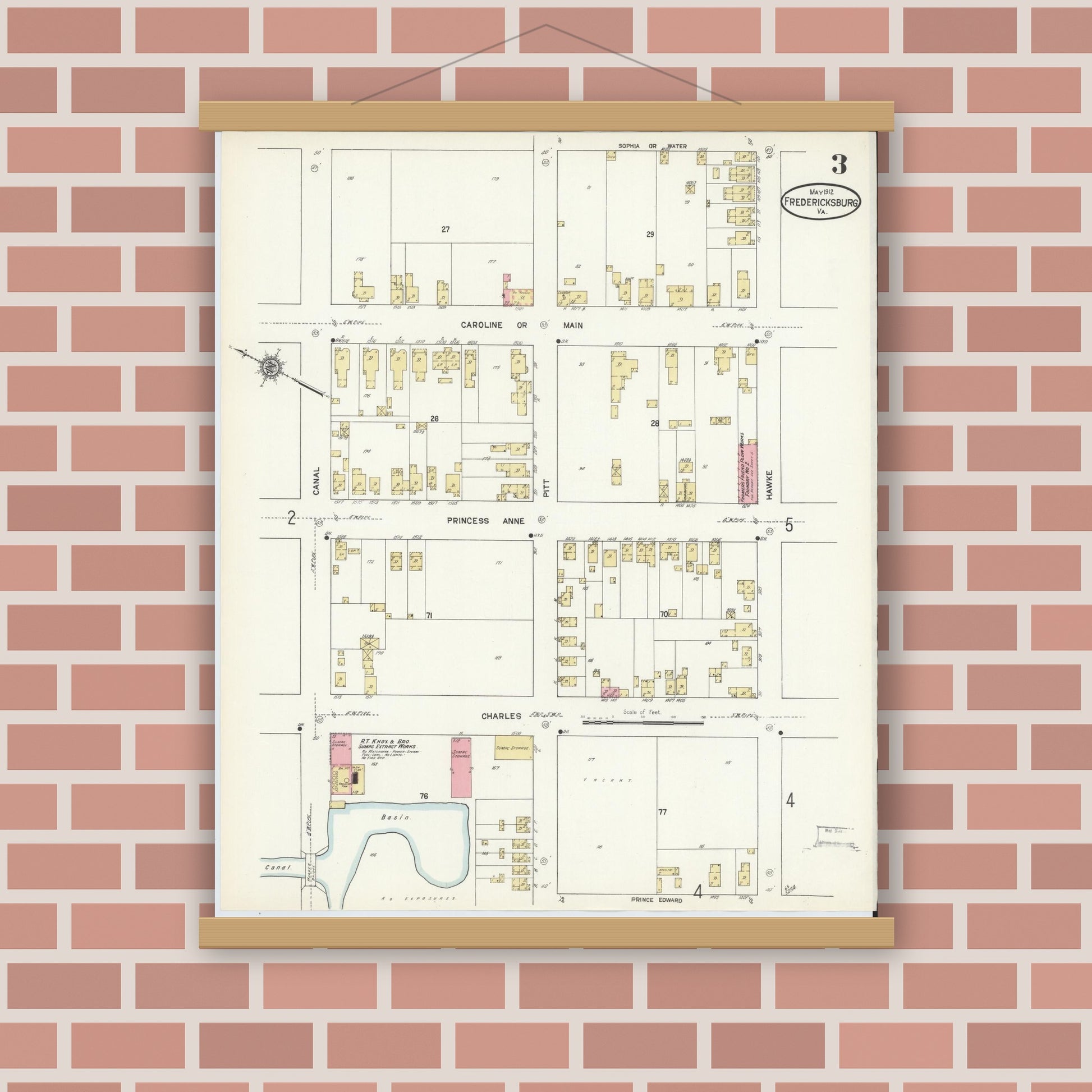 Old map wall art mockup — magnetic wood frame on brick wall — Sanborn Fire Insurance Map from Fredericksburg, Independent Cities, Virginia (1912), Sheet #0003