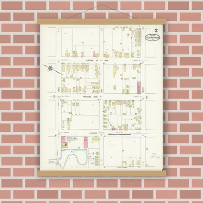 Old map wall art mockup — magnetic wood frame on brick wall — Sanborn Fire Insurance Map from Fredericksburg, Independent Cities, Virginia (1912), Sheet #0003