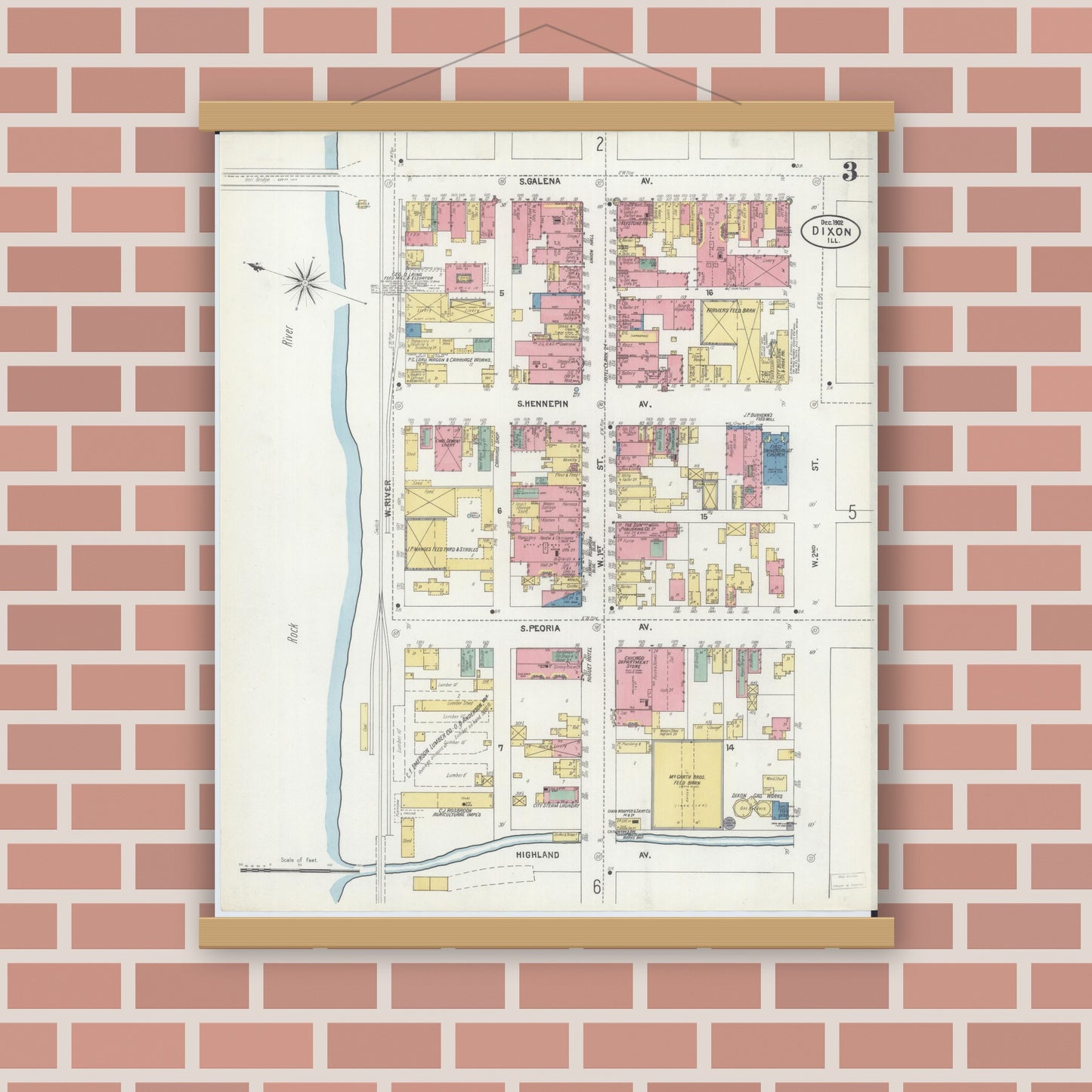 Old map wall art mockup — magnetic wood frame on brick wall — Sanborn Fire Insurance Map from Dixon, Lee County, Illinois (1902), Sheet #0003