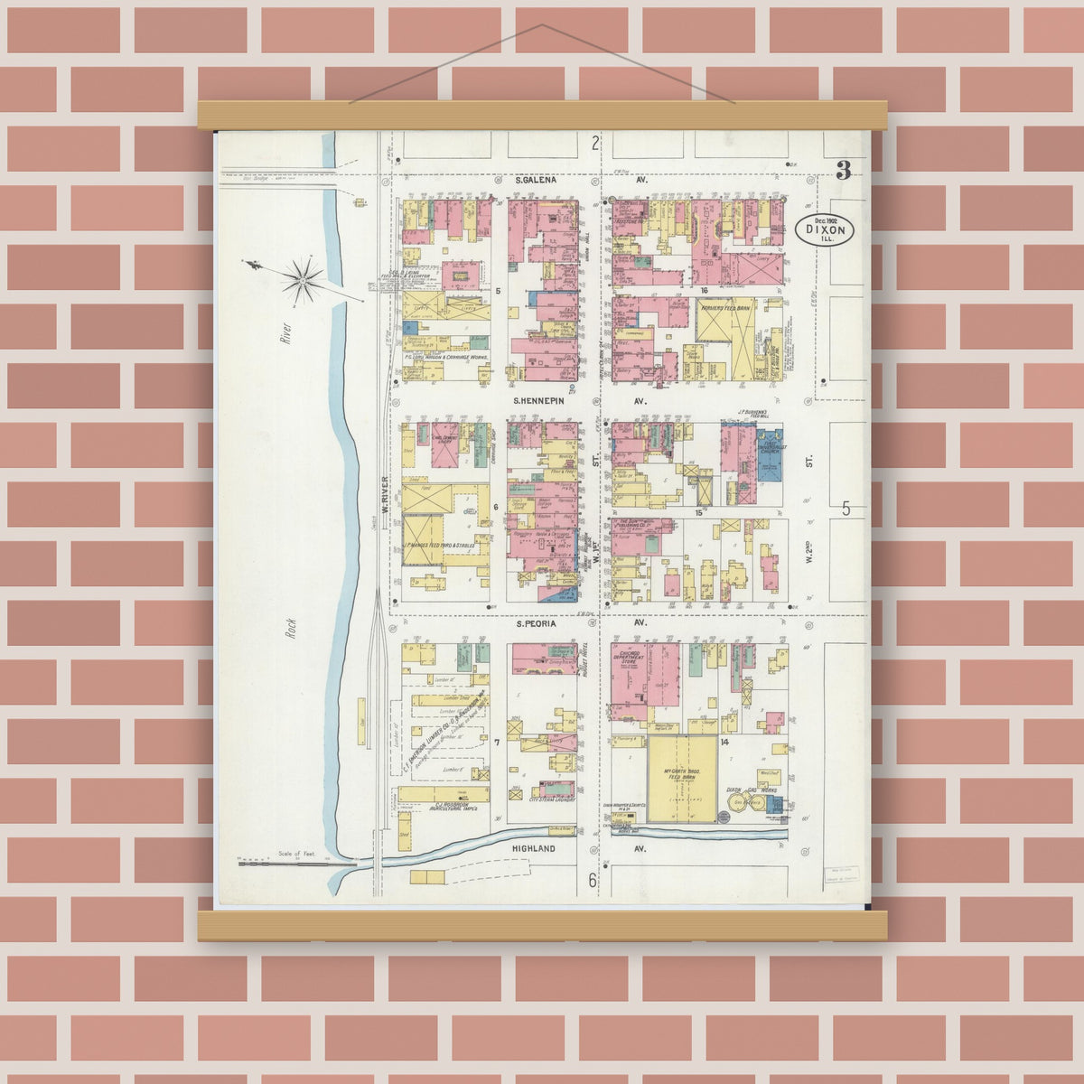 Old map wall art mockup — magnetic wood frame on brick wall — Sanborn Fire Insurance Map from Dixon, Lee County, Illinois (1902), Sheet #0003