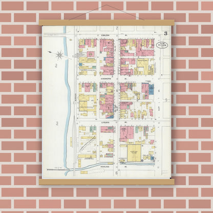 Old map wall art mockup — magnetic wood frame on brick wall — Sanborn Fire Insurance Map from Dixon, Lee County, Illinois (1902), Sheet #0003