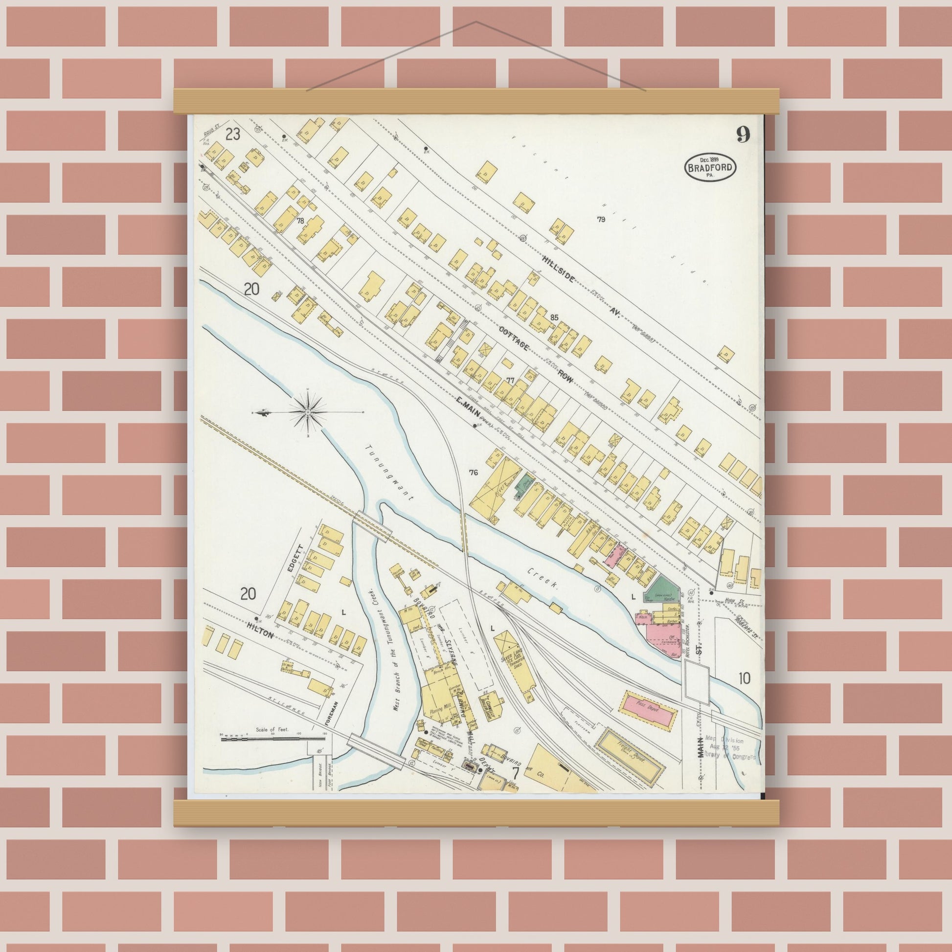 Old map wall art mockup — magnetic wood frame on brick wall — Sanborn Fire Insurance Map from Bradford, McKean County, Pennsylvania (1899), Sheet #0009