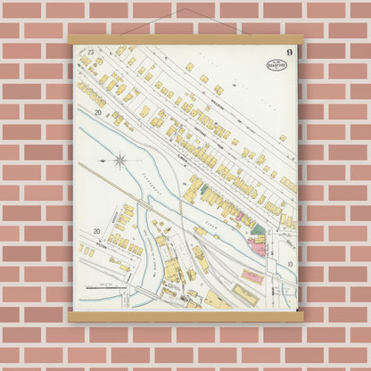 Old map wall art mockup — magnetic wood frame on brick wall — Sanborn Fire Insurance Map from Bradford, McKean County, Pennsylvania (1899), Sheet #0009