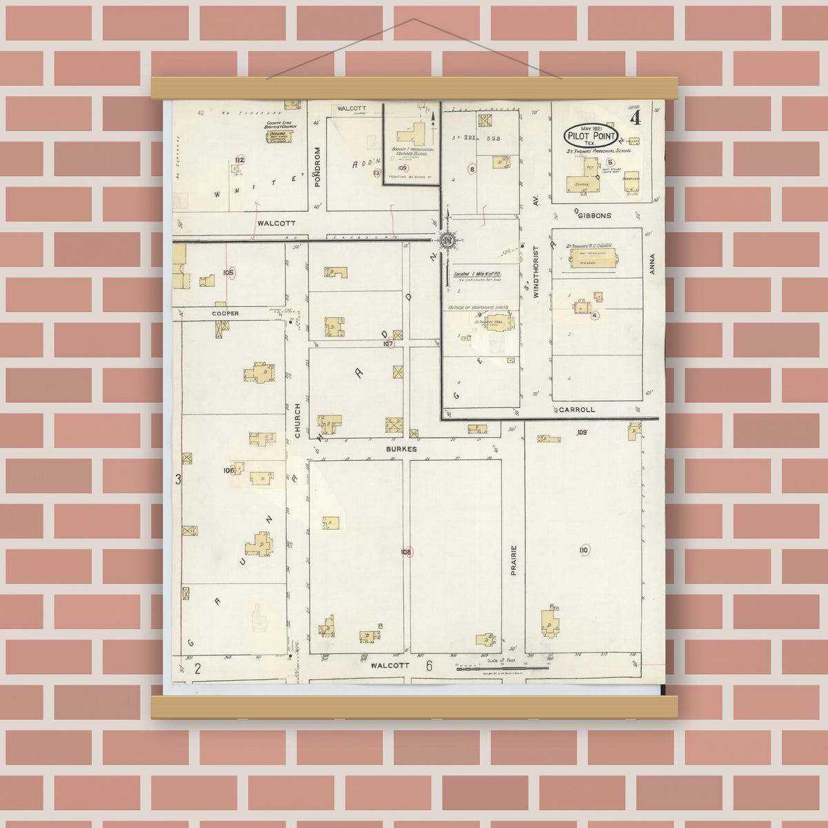Old map wall art mockup — magnetic wood frame on brick wall — Sanborn Fire Insurance Map from Pilot Point, Denton County, Texas (1940), Sheet #0004