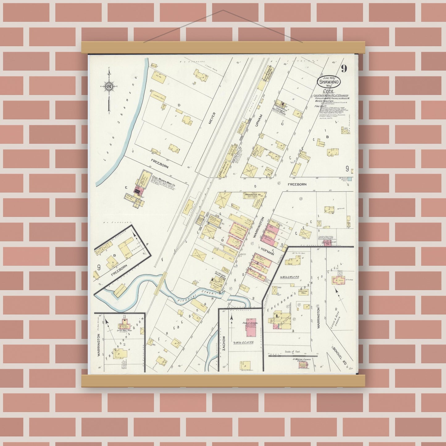 Old map wall art mockup — magnetic wood frame on brick wall — Sanborn Fire Insurance Map from Shawano, Shawano County, Wisconsin (1913), Sheet #0009