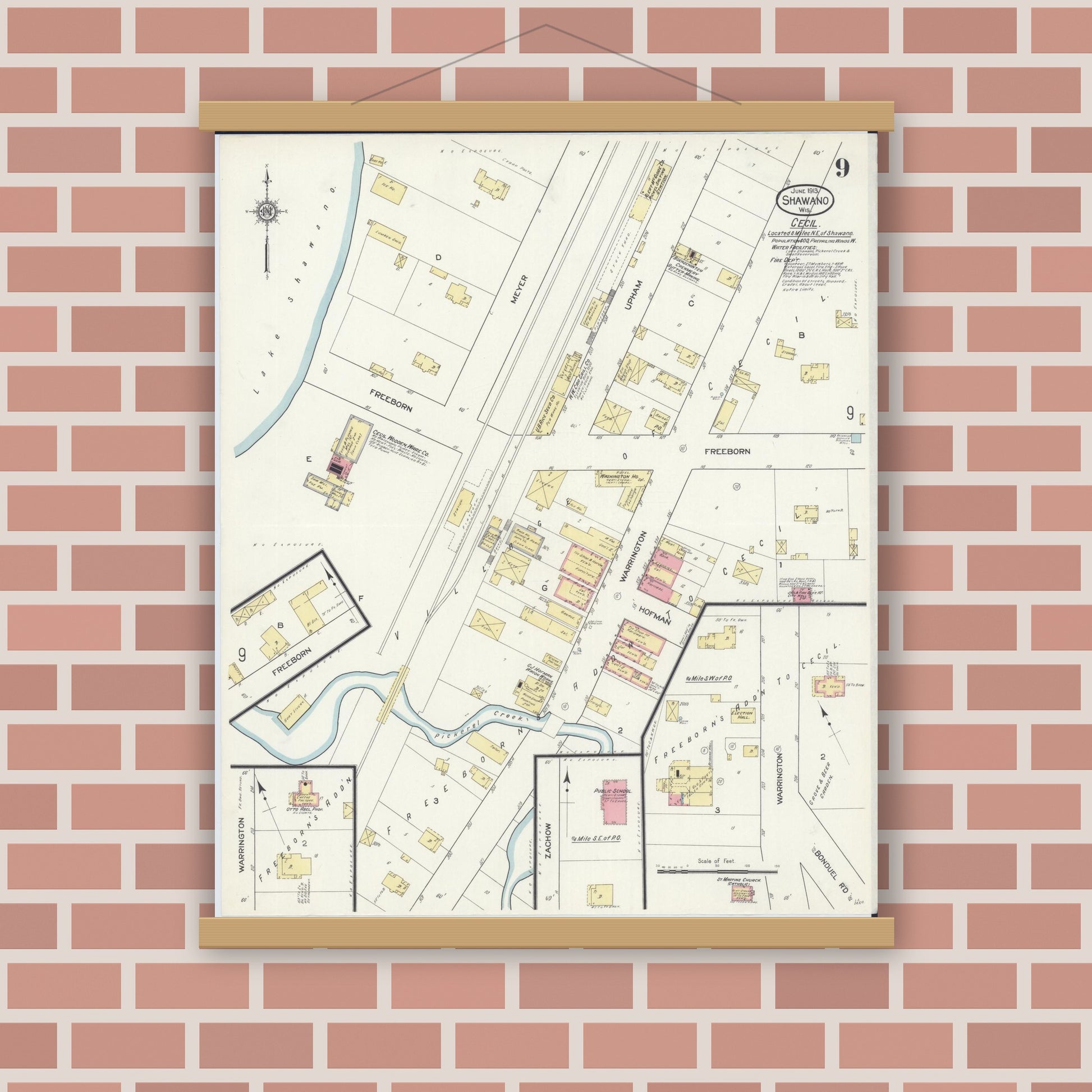 Old map wall art mockup — magnetic wood frame on brick wall — Sanborn Fire Insurance Map from Shawano, Shawano County, Wisconsin (1913), Sheet #0009
