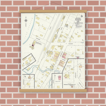 Old map wall art mockup — magnetic wood frame on brick wall — Sanborn Fire Insurance Map from Shawano, Shawano County, Wisconsin (1913), Sheet #0009