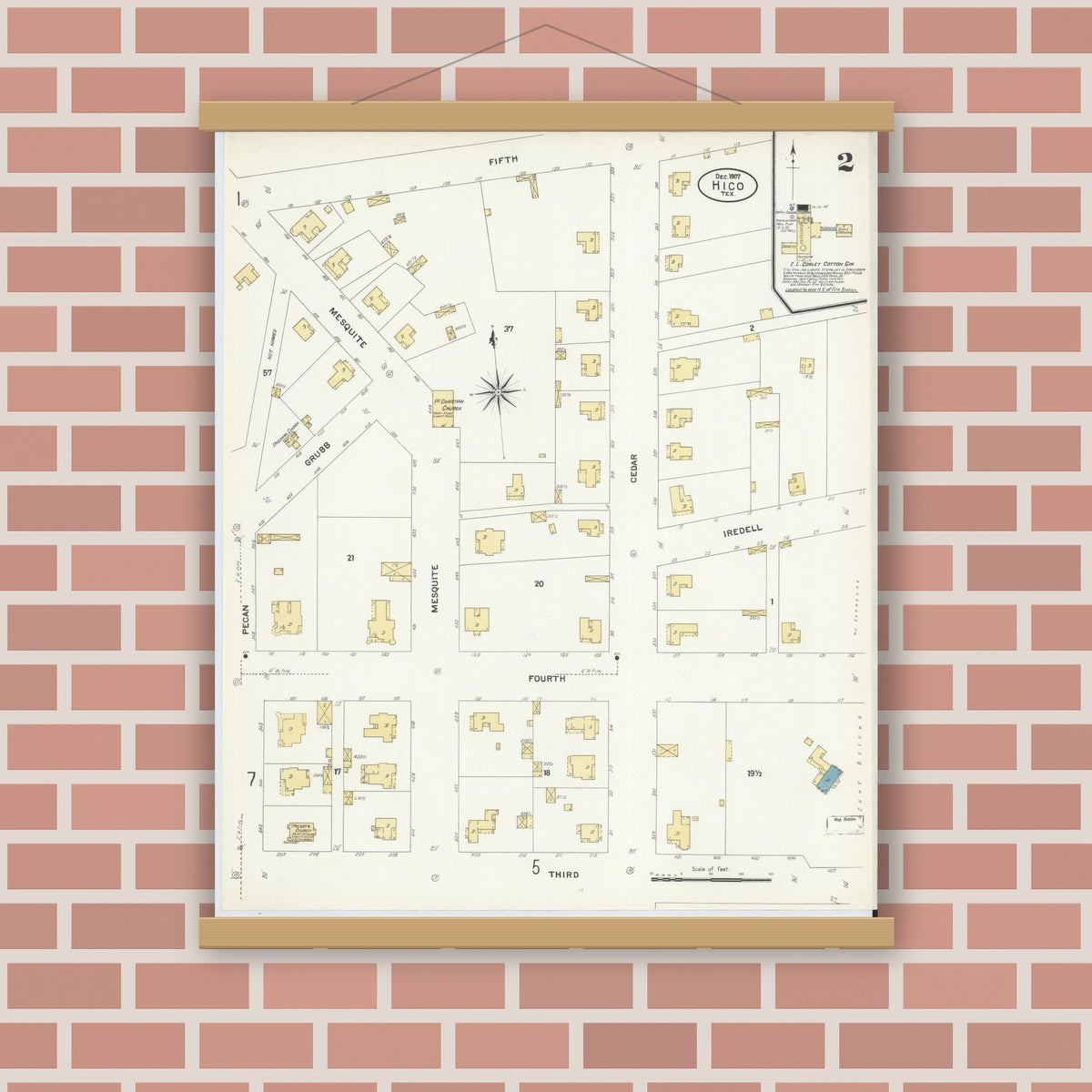 Old map wall art mockup — magnetic wood frame on brick wall — Sanborn Fire Insurance Map from Hico, Hamilton County, Texas (1907), Sheet #0002